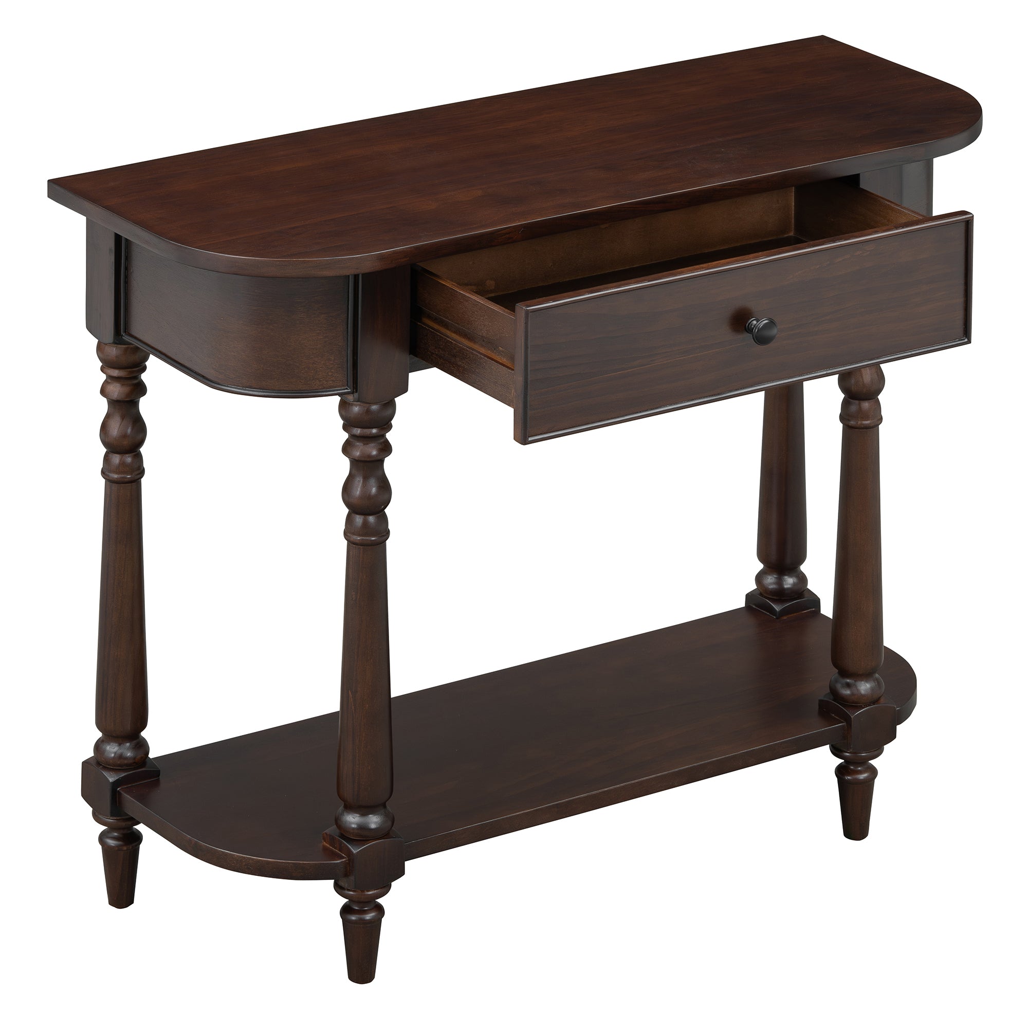 TREXM Narrow Console Table with Curved Corner, Retro Entryway Table with Top Drawer and Open Shelf, Sofa Table Console Tables for Entryway, Hallway and Living Room (Espresso)