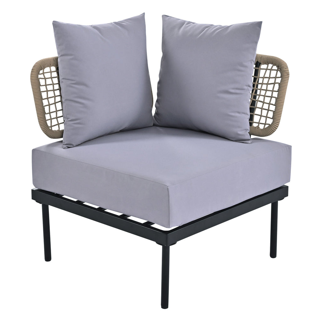 TREXM 8-Piece Patio Sectional Sofa Set with Tempered Glass Coffee Table and Wooden Coffee Table for Outdoor Oasis, Garden, Patio and Poolside (Light Grey Cushion + Black Steel)