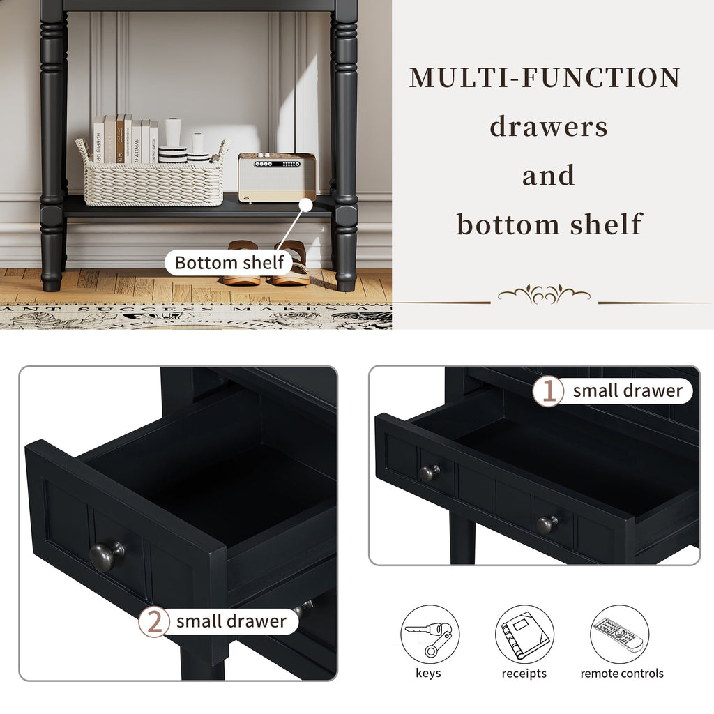 TREXM Narrow Console Table, Slim Sofa Table with Three Storage Drawers and Bottom Shelf (Black)