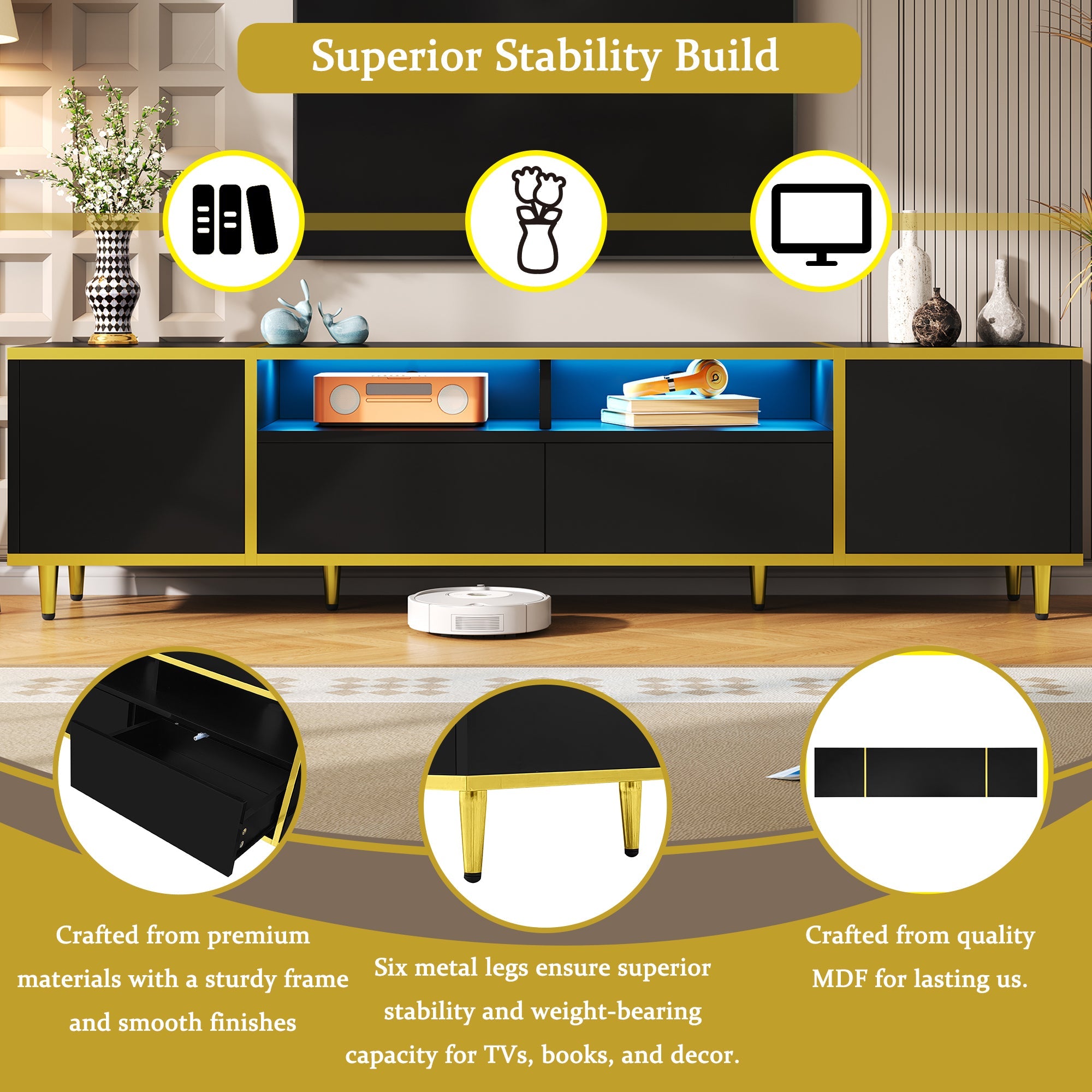 U-Can 70.9'' Modern TV Stand for TVs up to 80 Inches, Entertainment Center with 2 Shelves and  LED Lights, TV Storage Cabinet with 2 Drawers, 2 Cabinets and Metal Legs for Living room