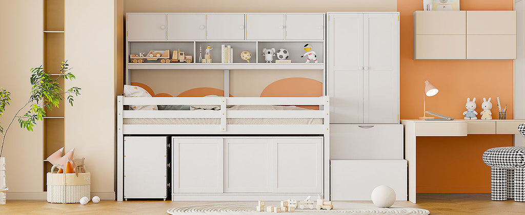 Twin Size Wooden Loft Bed Big Storage with Under-bed Desk, with Drawers, with Shelves, White