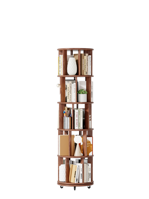 100%Solid Wood Rotating Bookshelf on Wheels,5 Tier, Round Revolving Bookcase, 360° Spinning Book Shelf Tower for Kids, Narrow Rolling Bookshelves for Small Space, Corner, Bedroom, Office, Walnut