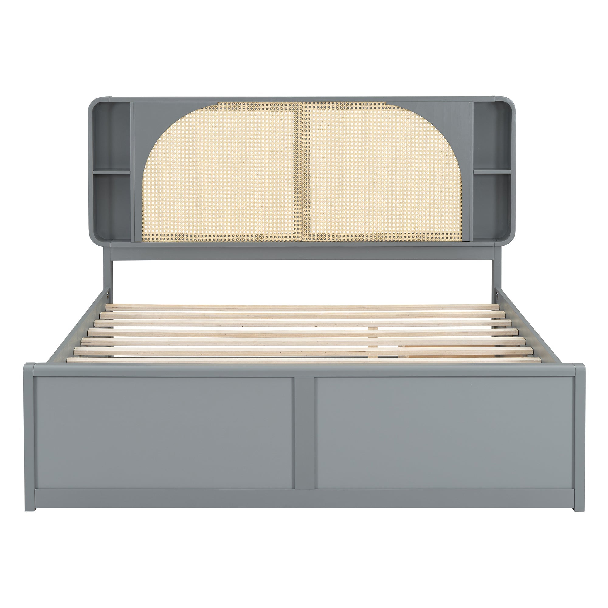 Queen Size Rattan Headboard Bed with Two Drawers and Trundle, Gray