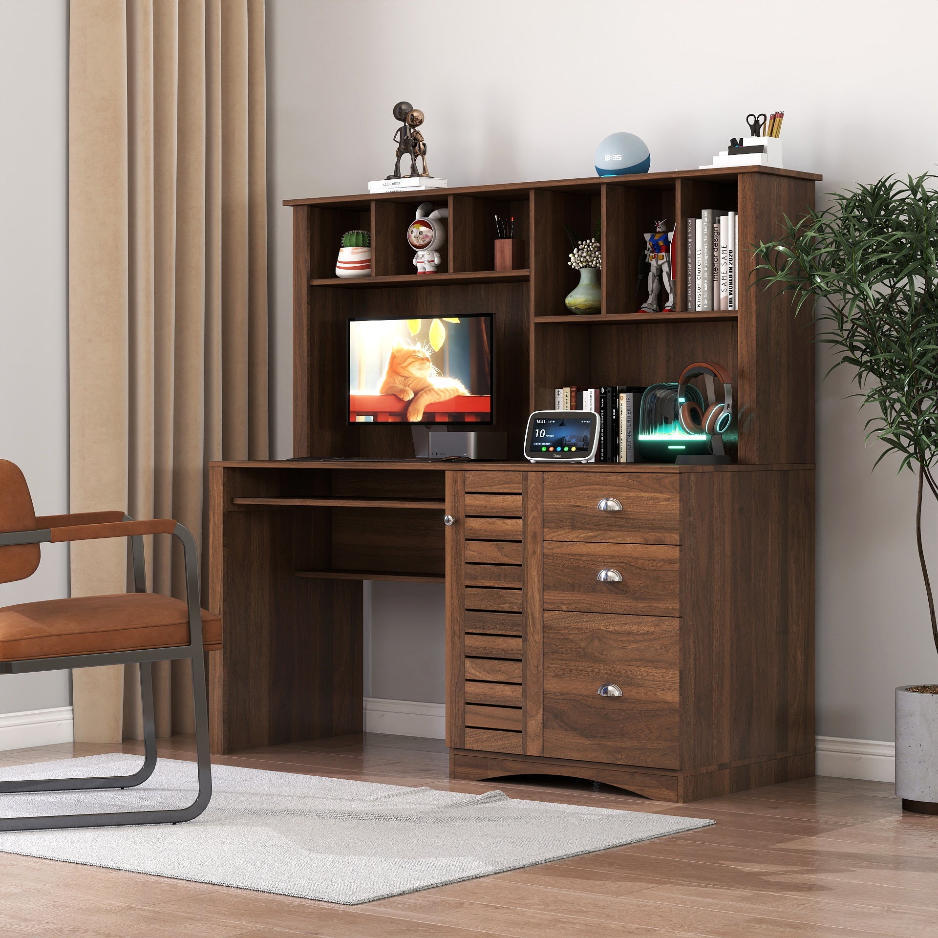 Home Office Computer Desk with Hutch, Antiqued White finish