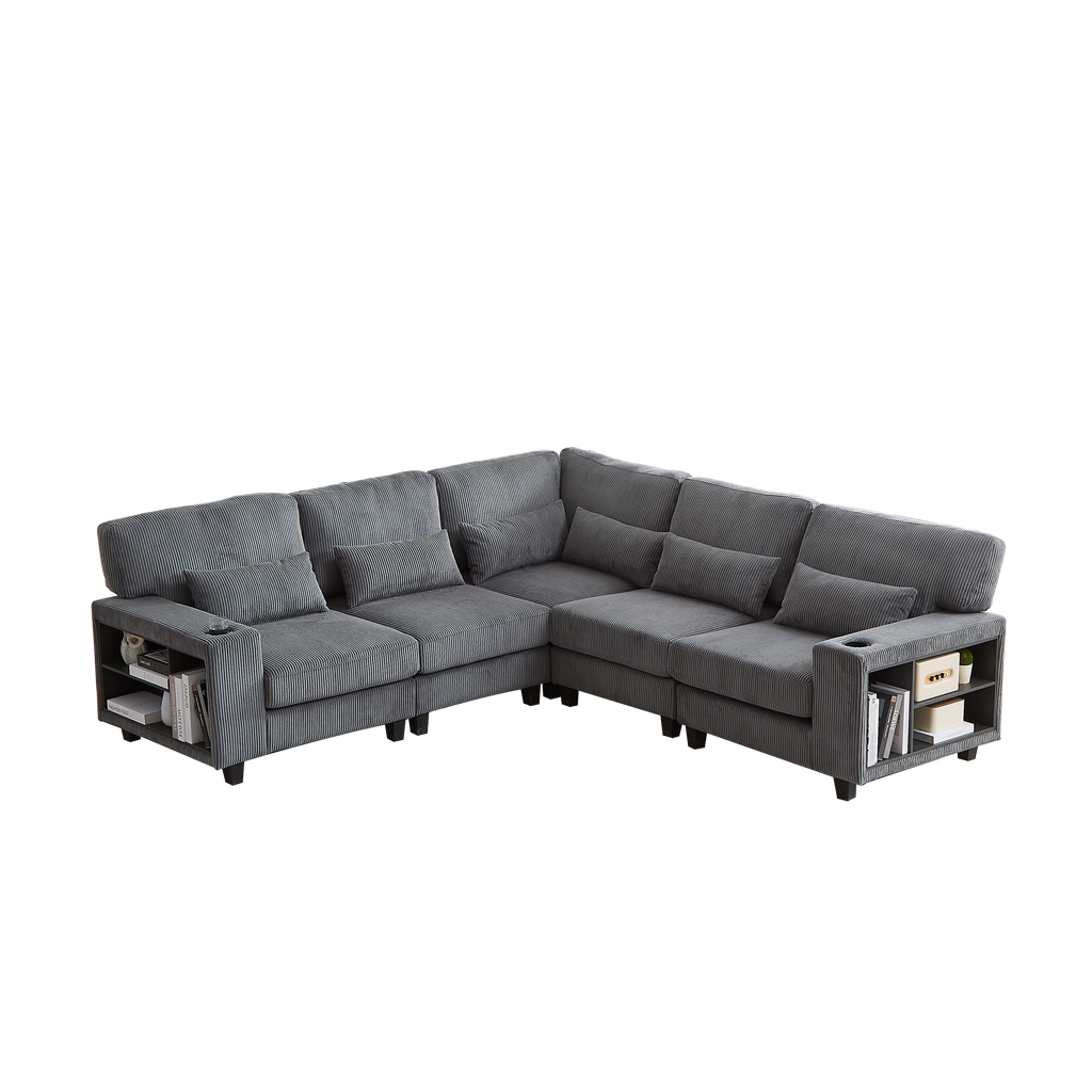 102.75*102.75' L-Shaped Modular Sectional Sofa, Modern Corduroy Sectional Sofa, Arm with Storage With Cup Holder 5-Seat Convertible Sectional Sofa for Living Room, Bedroom, Lounge and Projection Room