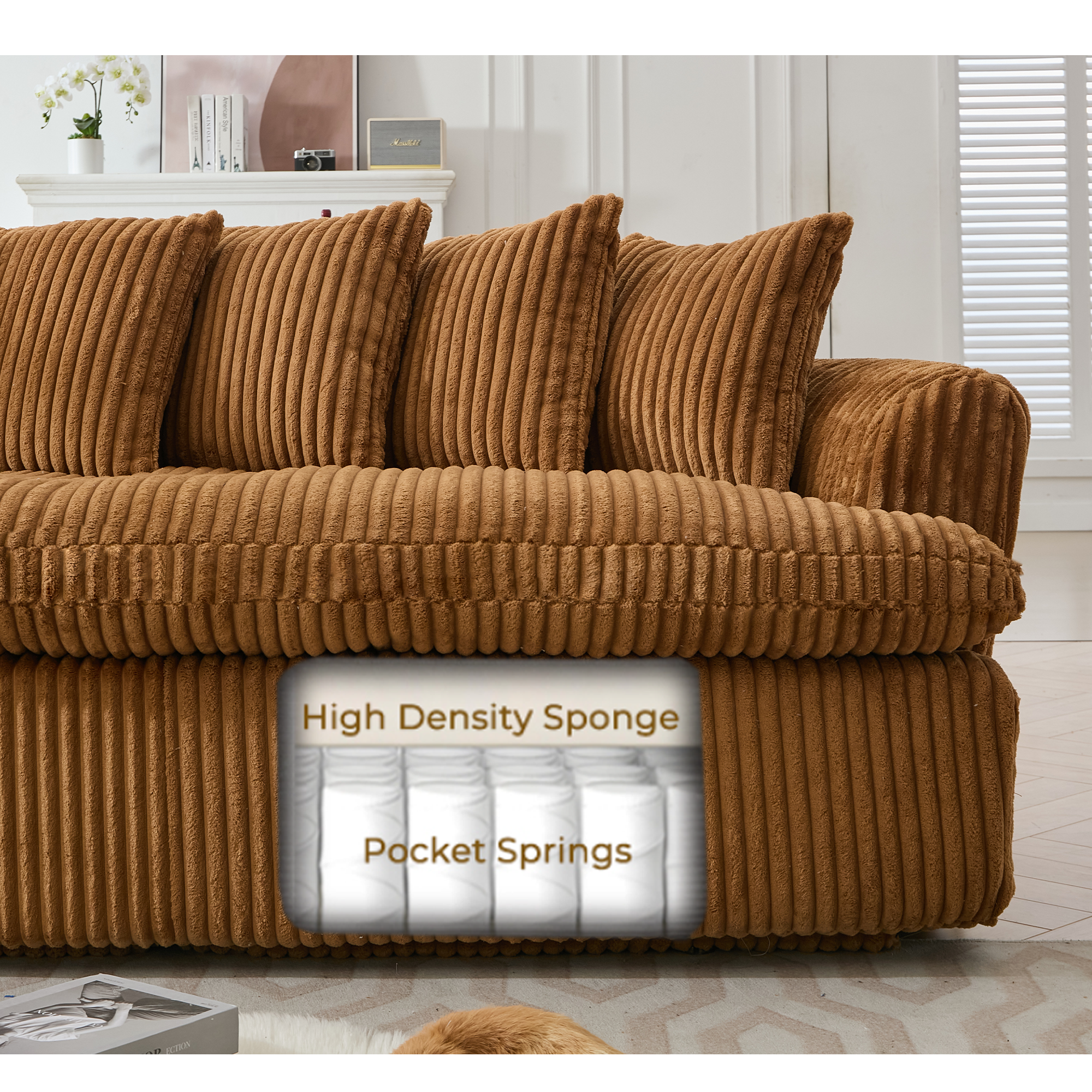 127''  Large Sectional Sofa ,Elegant Curved Design ,High-Resilience Foam ,Ten Back Cushions,L-Shape Left Sofa,No Assembly  Required , (Brown-Soft Corduroy Fabric)