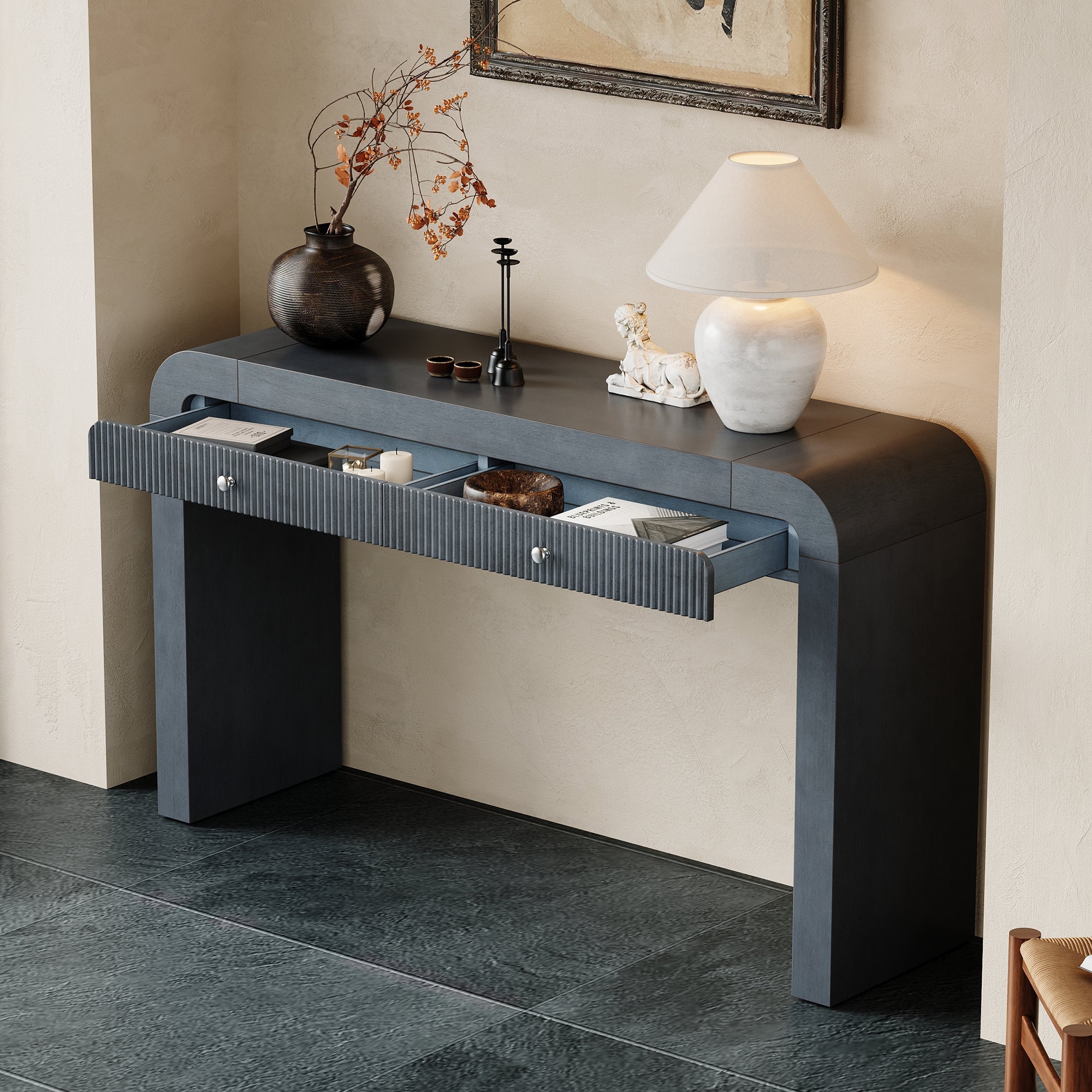 TREXM Rustic Console Table with Fluted Drawer Front, Entryway Table with Curved Corners & Thick Legs, Sturdy Sofa Table for Hallway & Living Room (Dark Navy)
