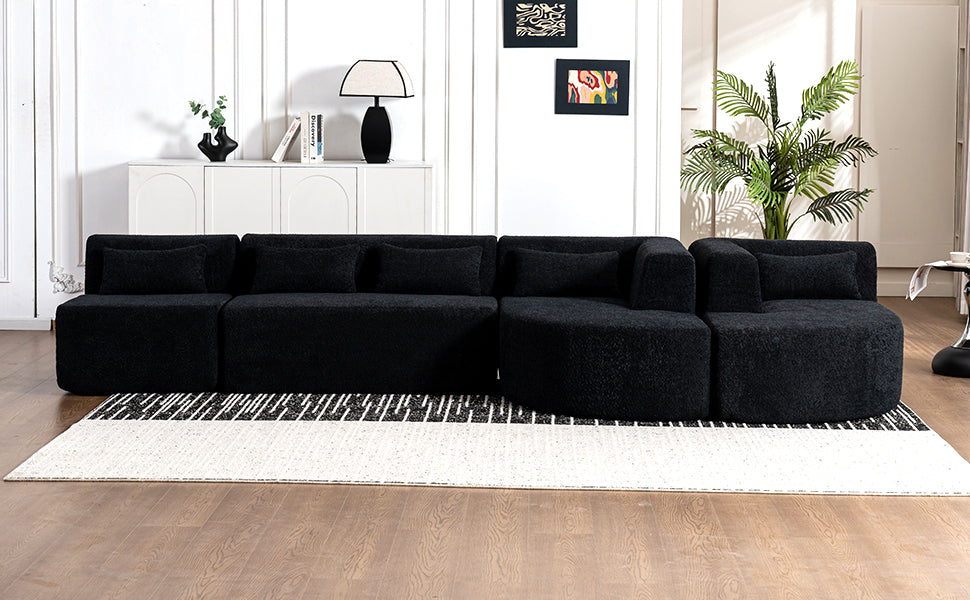 144' Upholstered Sofa Free-combined Sofa Couch with Two Chaise Lounge and Five Back Pillows for Living Room(Old SKU: N719S001600B), Black