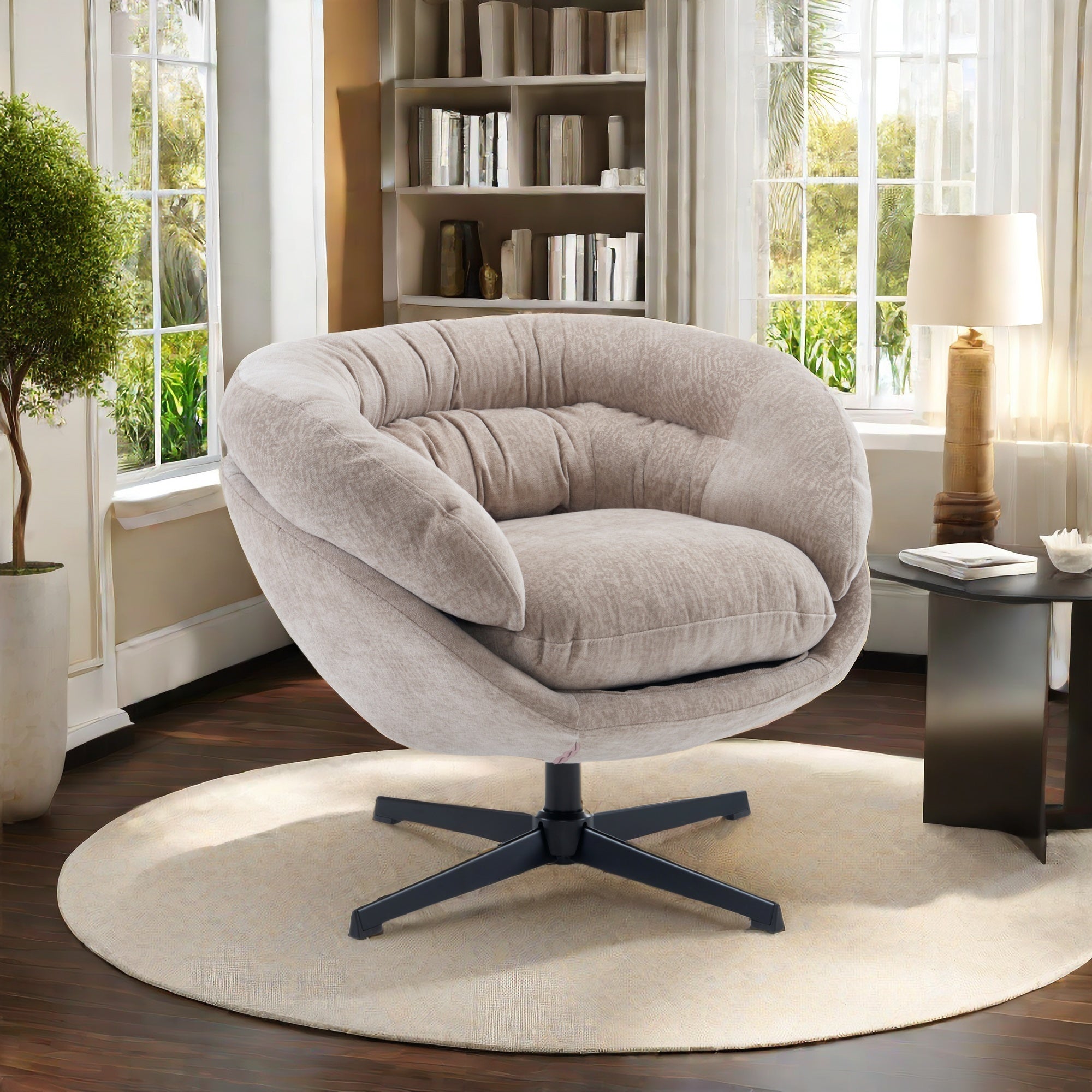Modern Chenille Office Chair, 360° Swivel Club Chair/Accent Chair with Removable Cushion, Round Office Chair, Black Metal Base, Cotton Material, Living Room, Bedroom, Reading Corner, Office (Brown)