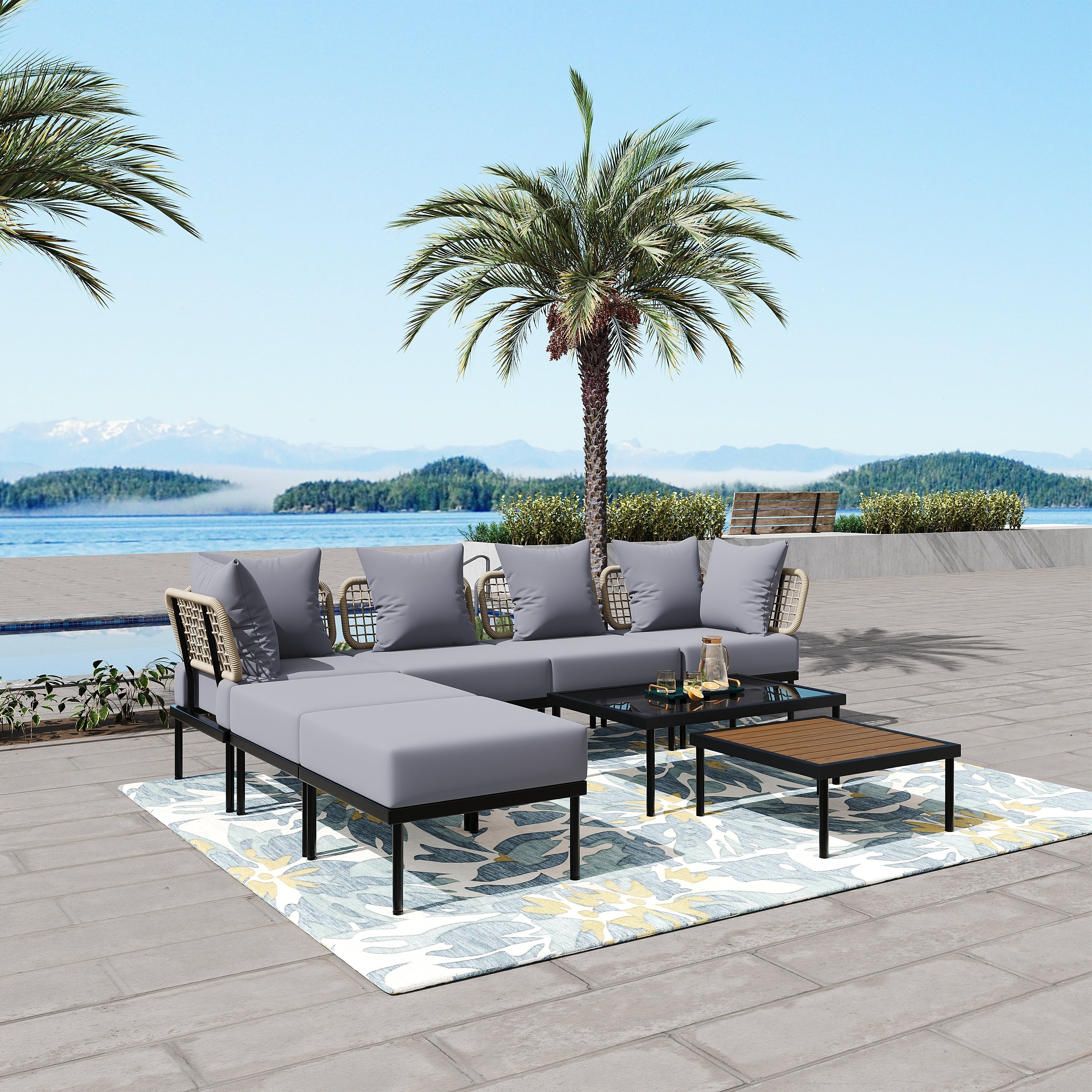 TREXM 8-Piece Patio Sectional Sofa Set with Tempered Glass Coffee Table and Wooden Coffee Table for Outdoor Oasis, Garden, Patio and Poolside (Light Grey Cushion + Black Steel)