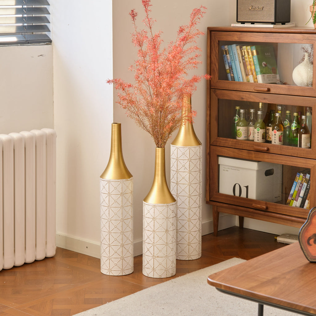 Floor Metal Vases Decorated White Metal Vases Set of 3 Gorgeous Home Decoration Large Glazed Metal Vases 24in/28.7in/33.5in Height