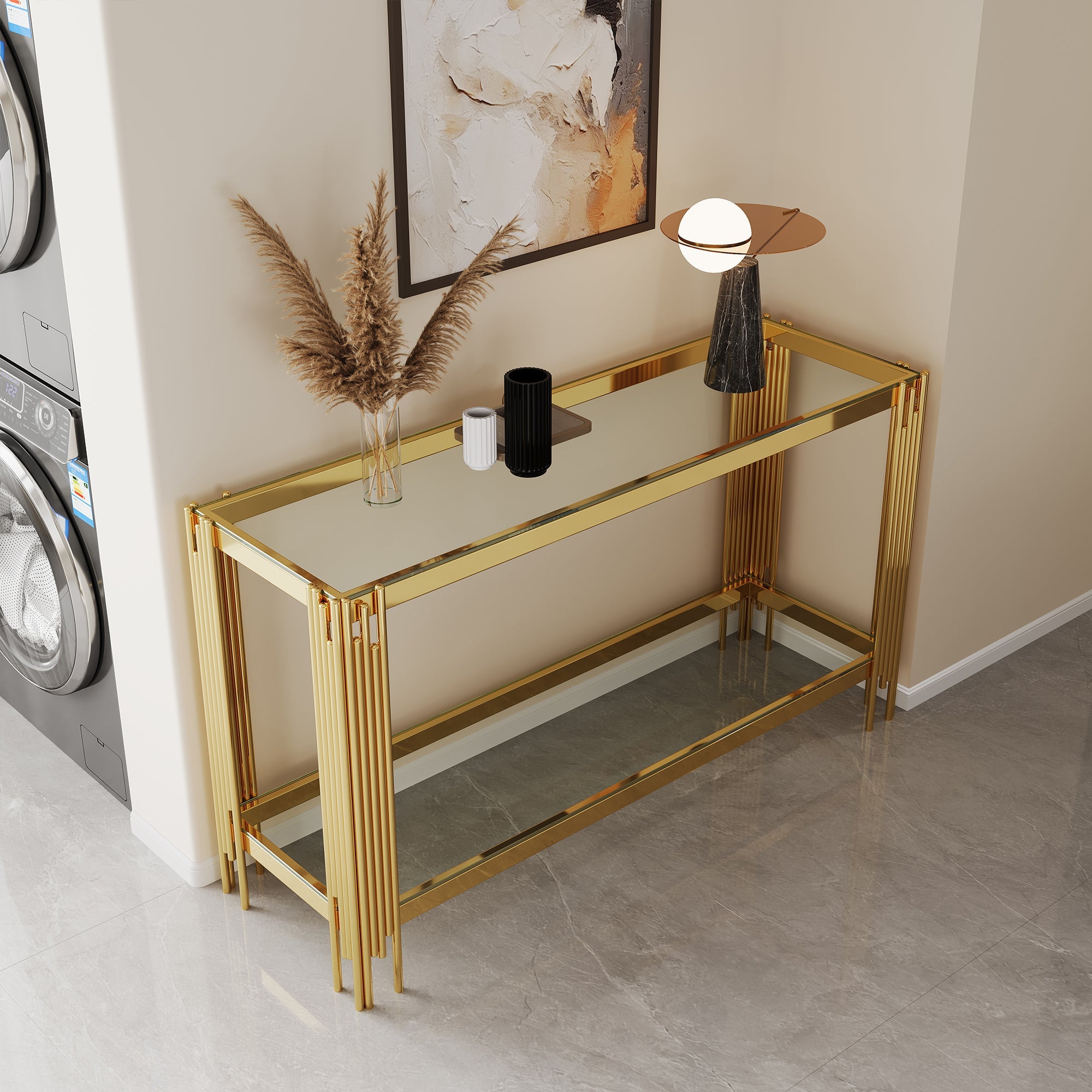 Top and Bottom Double Layer Tempered Glass Console Table and Mirror Finished Stainless Steel Frame