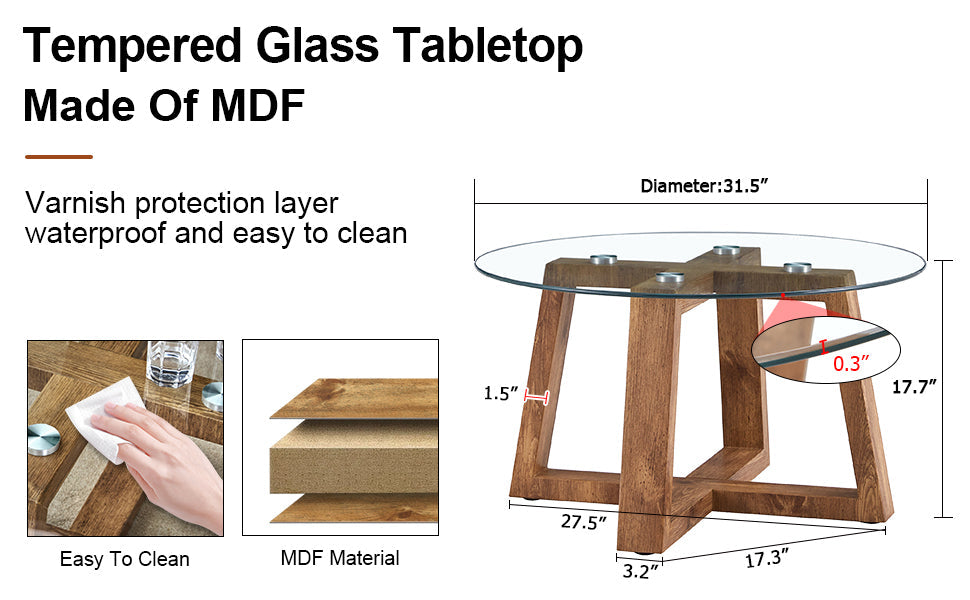 Modern practical circular coffee and tea tables. Made of transparent tempered glass tabletop and wood colored MDF material. Suitable for living rooms and bedrooms.31.5"*31.5"*17.7"