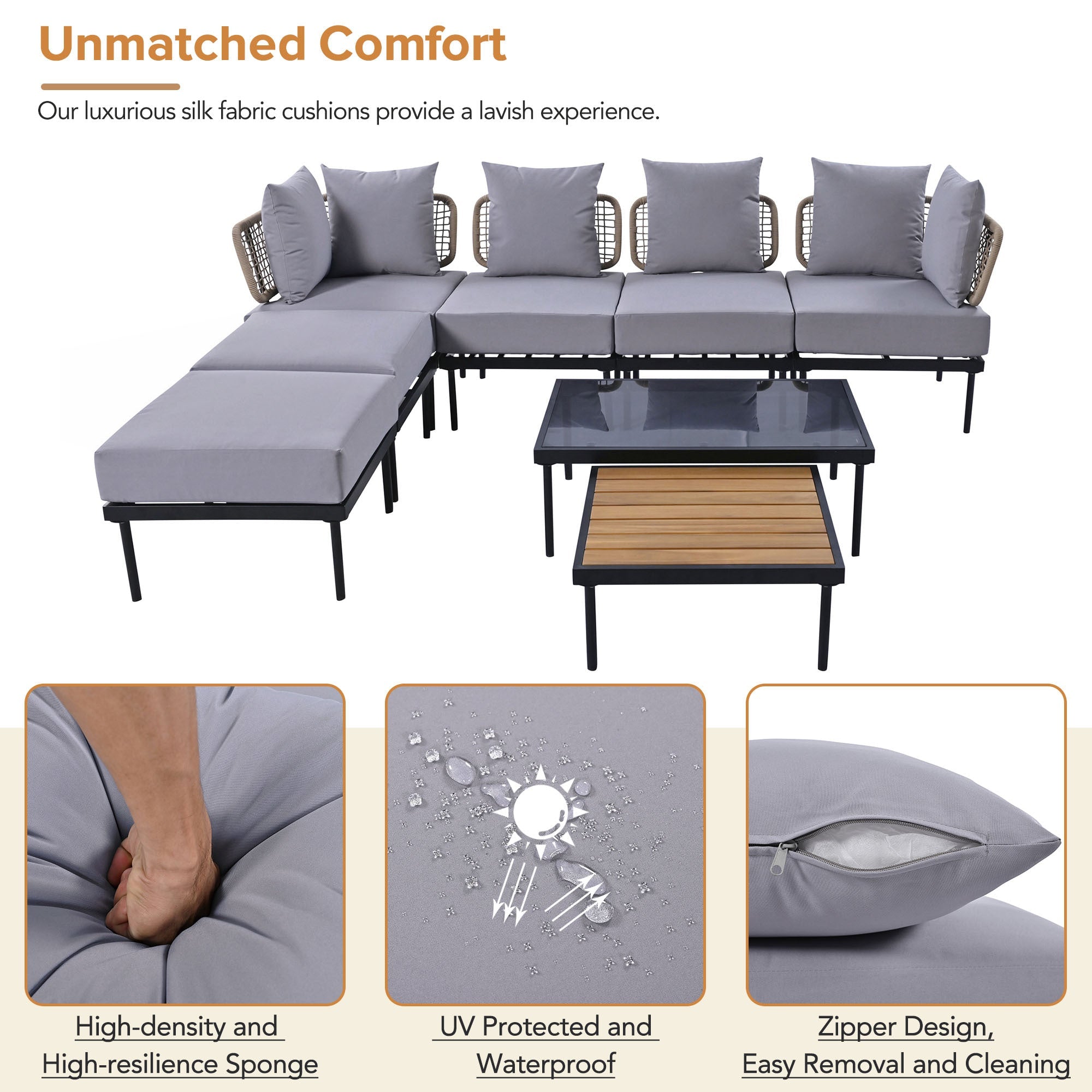 TREXM 8-Piece Patio Sectional Sofa Set with Tempered Glass Coffee Table and Wooden Coffee Table for Outdoor Oasis, Garden, Patio and Poolside (Light Grey Cushion + Black Steel)