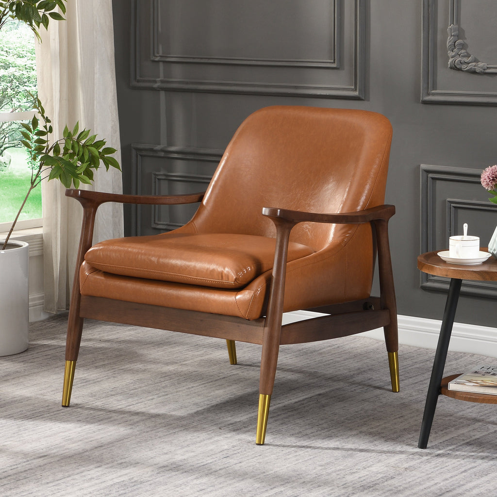Mid-Century Faux Leather Accent Chair with Cushioned Seat, Solid Wood Frame, Brass-Tipped Legs, Brown