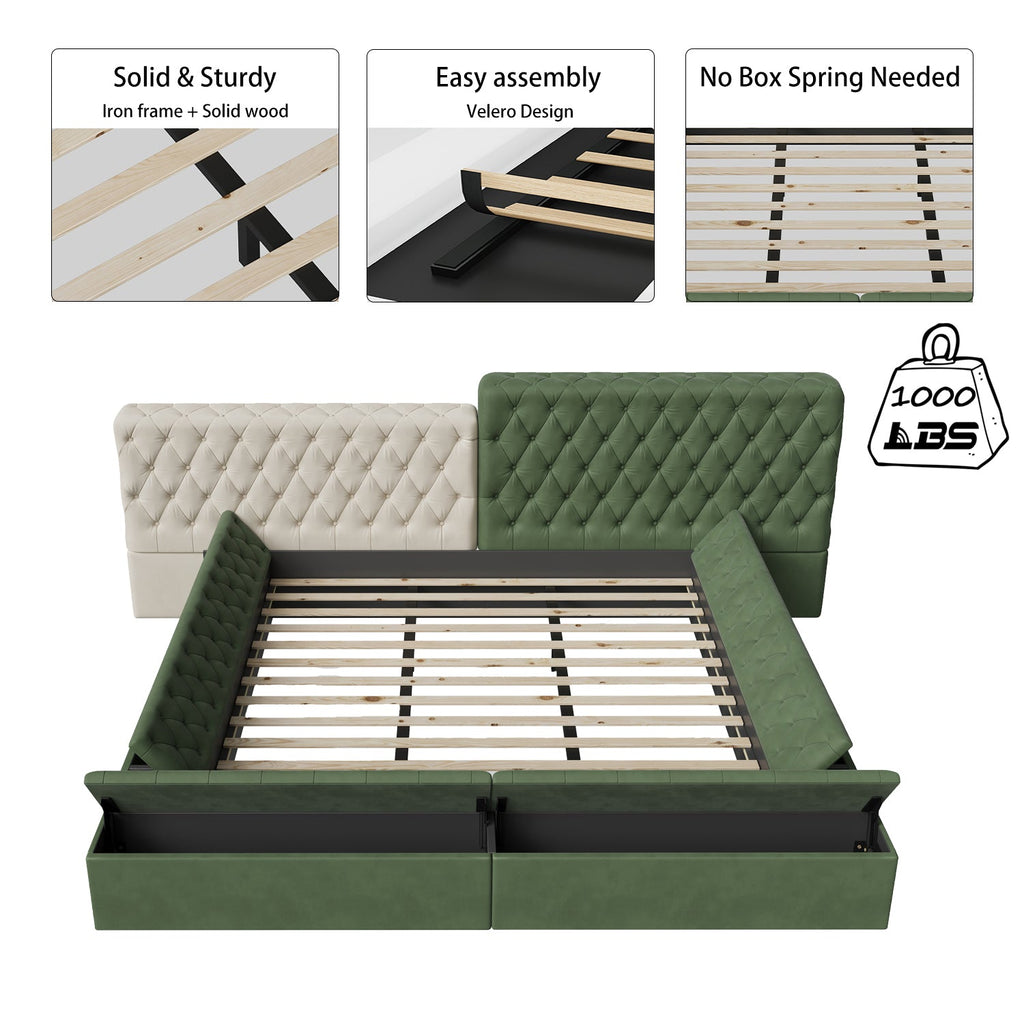 Contemporary Special-shaped Fully Upholstered Bed with Deep Button Tufting and Storage Compartments in Rails and Footboard,No Box Spring Needed,King,Green