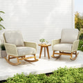 Modern 3-Piece Outdoor Seating Set with Ivory Cushioned PE Rattan Rocking Chairs and Wooden Accent Table, Perfect for Patio or Balcony Relaxation