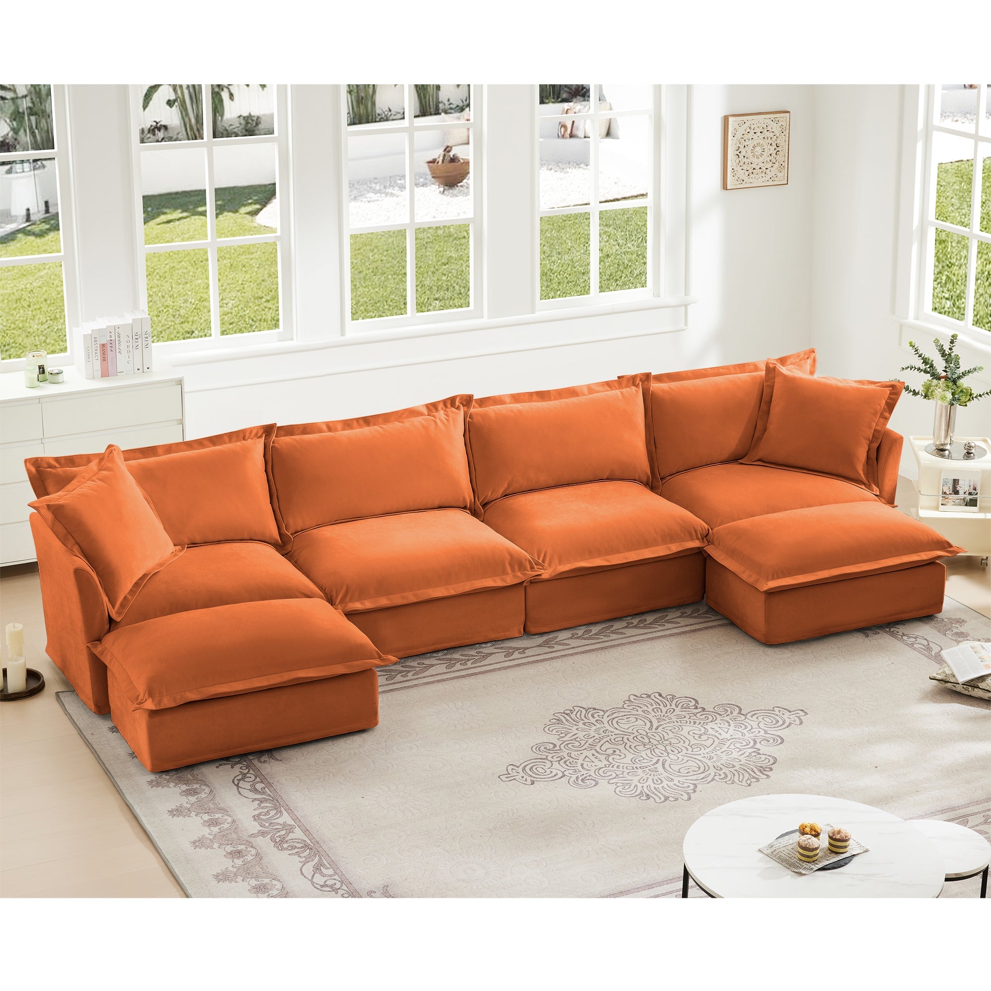 Slipcovered U Shape Sectional Wide and Deep Seat Sofa Couch, 4 Seater Sofa with French Edges Design Multiple Big Pillows, Soft Deep Seat Comfy Cloud Couch for Living Room, Apartment, Chenille Fabric
