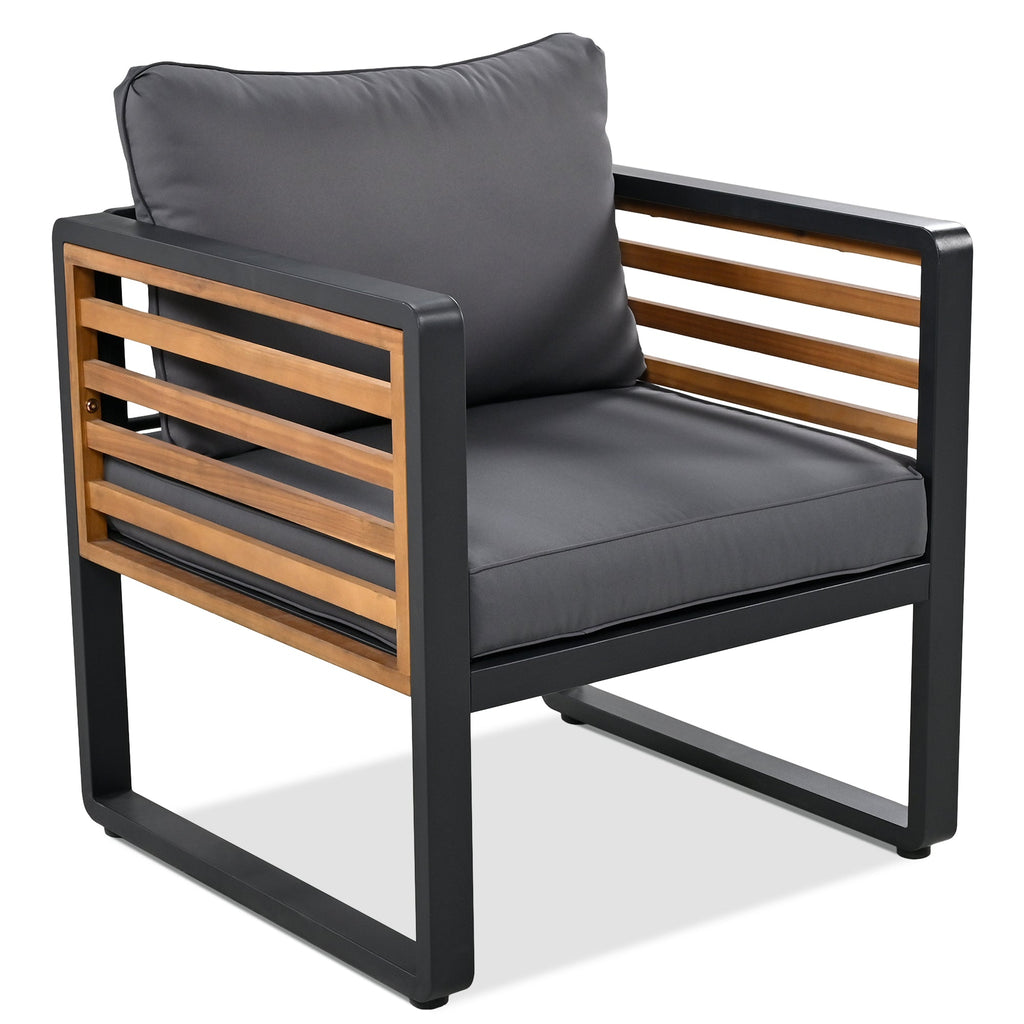 GO Large Size 4-pieces Outdoor Furniture sofa for 5 Person Conversation Set, Garden Sofa Set With Removable Cushion, Metal And Wood Frame Sofa set, Thick Cushions, Acacia Wood Tabletop, Gray