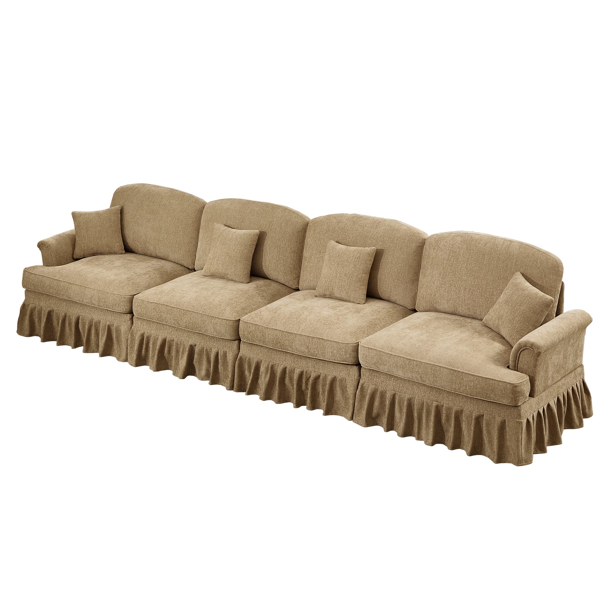Elegant Mid Century Large 4 Seater Sofa Couch with Flared Arms and Removable Ruffles Pleats Skirts and Spindle Legs, Comfy Chenille Four-Seat Sofa for Living Room, Light Coffee