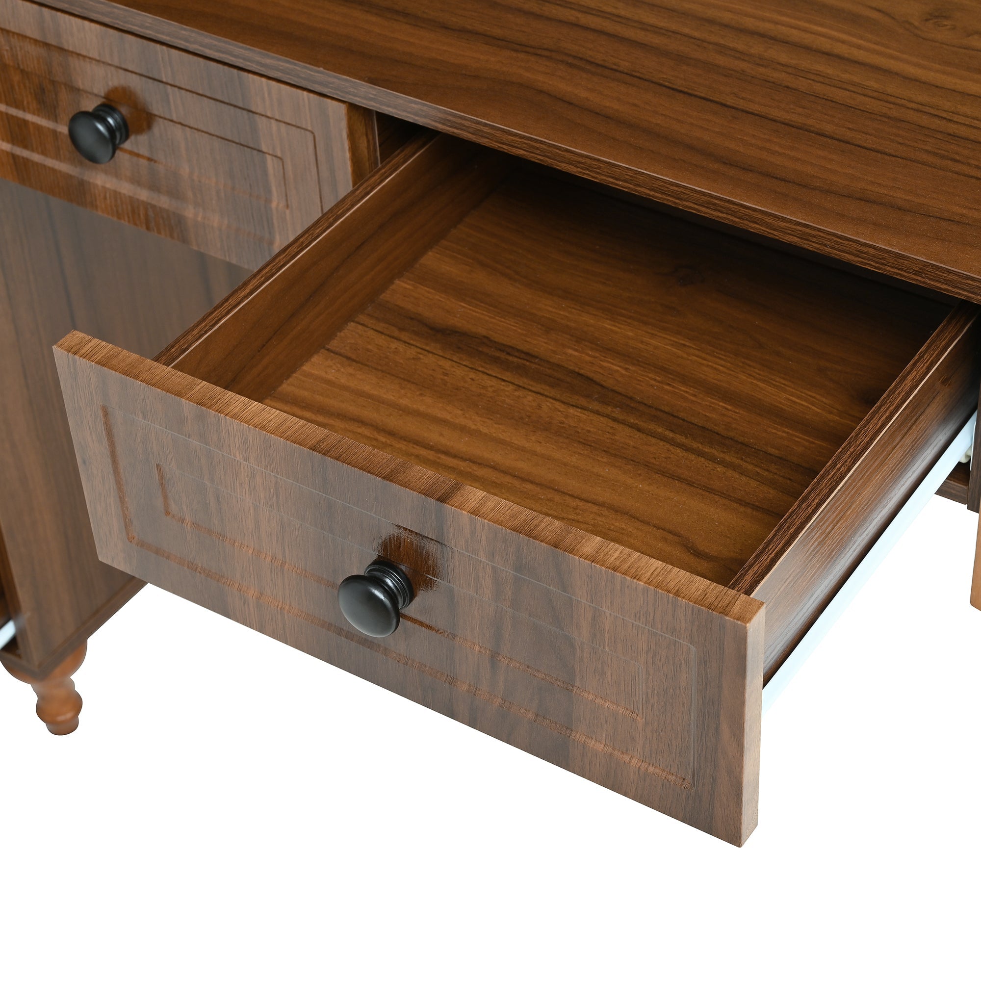 47'' Retro Desk with Charging Ports and Hutch Cabinet, Office Desk with 5 Storage Drawers and Transparent Glass-Door Bookshelf, Executive Computer Desk for Home Office, Bedroom, Walnut