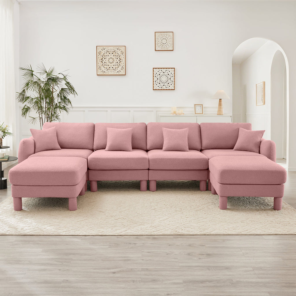 Boucle Fabric U Shape Sectional 4-seater Sofa Couch With Distinctive Shell-shaped Armrests And 2 Movable Ottomans,Cylindrical Legs Wrapped with Self-fabric,Pink Color