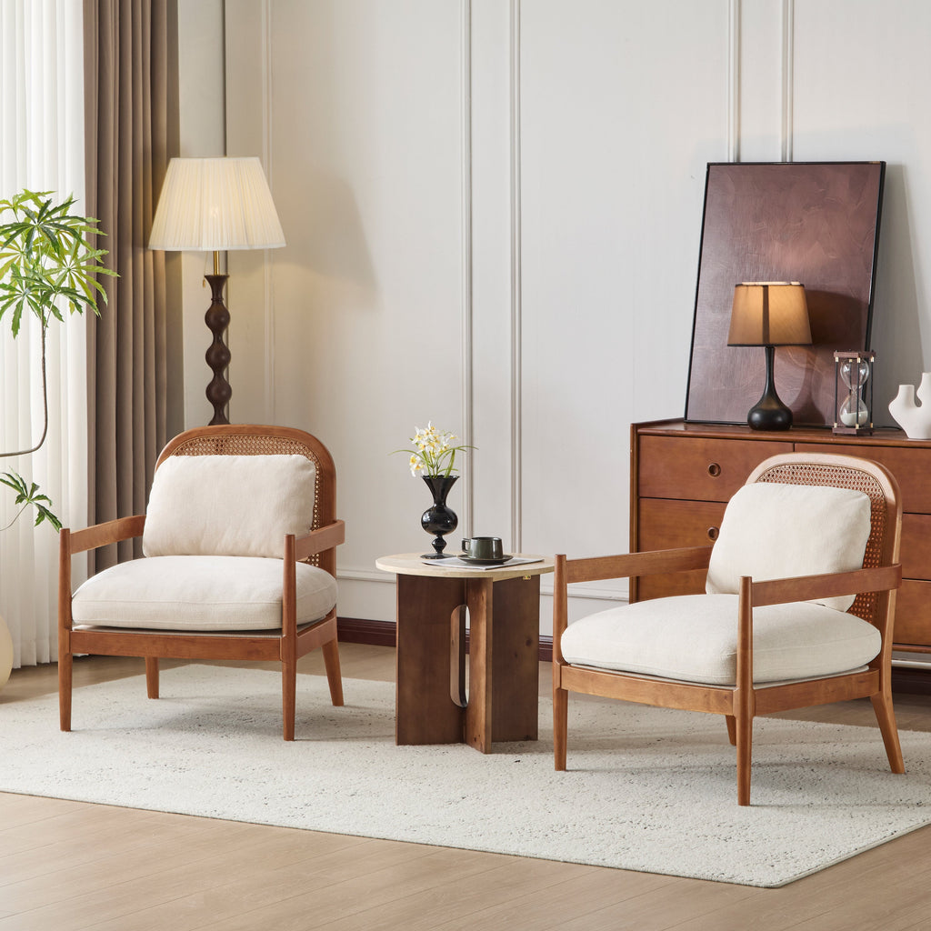 [Set of 2] 26.6' Mid-Century Modern Accent Chair with Light Brown Finish Solid Wood Frame and Rattan Backrest, Beige Cushion, Comfy Armchairs for Living Room, Bedroom, Reading Nook