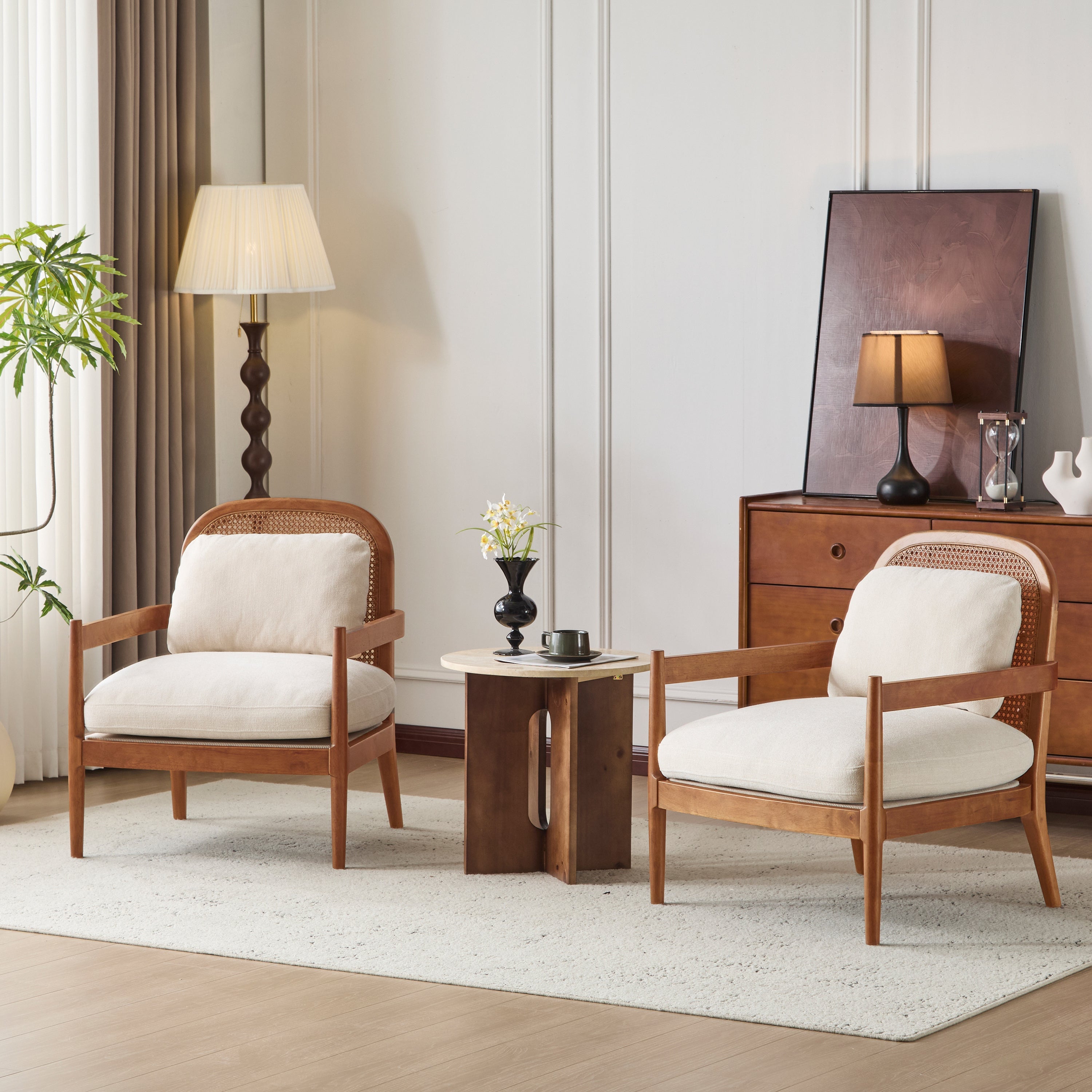 [Set of 2] 26.6' Mid-Century Modern Accent Chair with Light Brown Finish Solid Wood Frame and Rattan Backrest, Beige Cushion, Comfy Armchairs for Living Room, Bedroom, Reading Nook