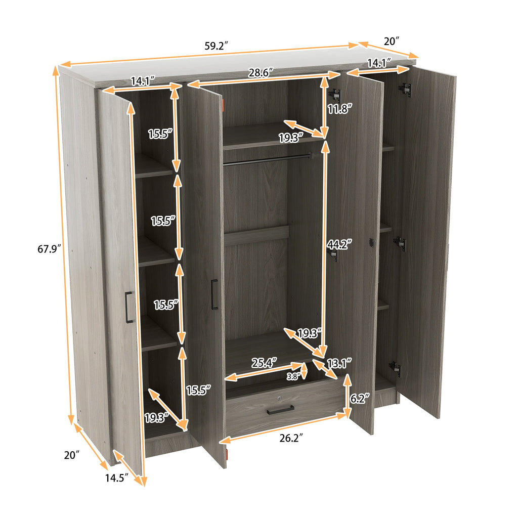 4-Door Wardrobe with 1 Drawer, Gray