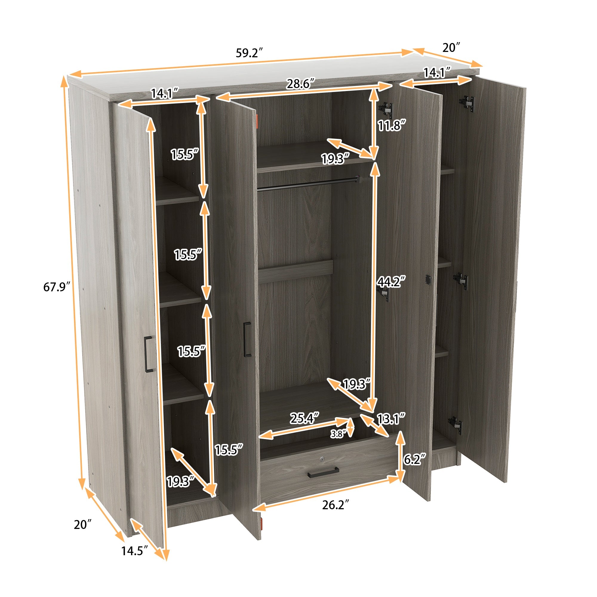 4-Door Wardrobe with 1 Drawer, Gray