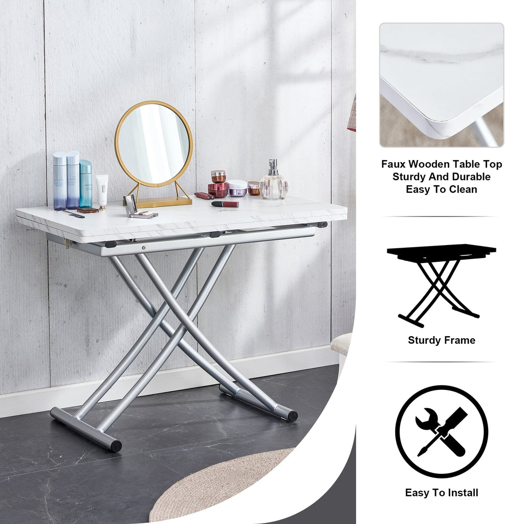 Modern minimalist multifunctional lift table with 0.8 inch MDF desktop and silver metal legs, can be used as a dressing table, coffee table, dining table, and office table