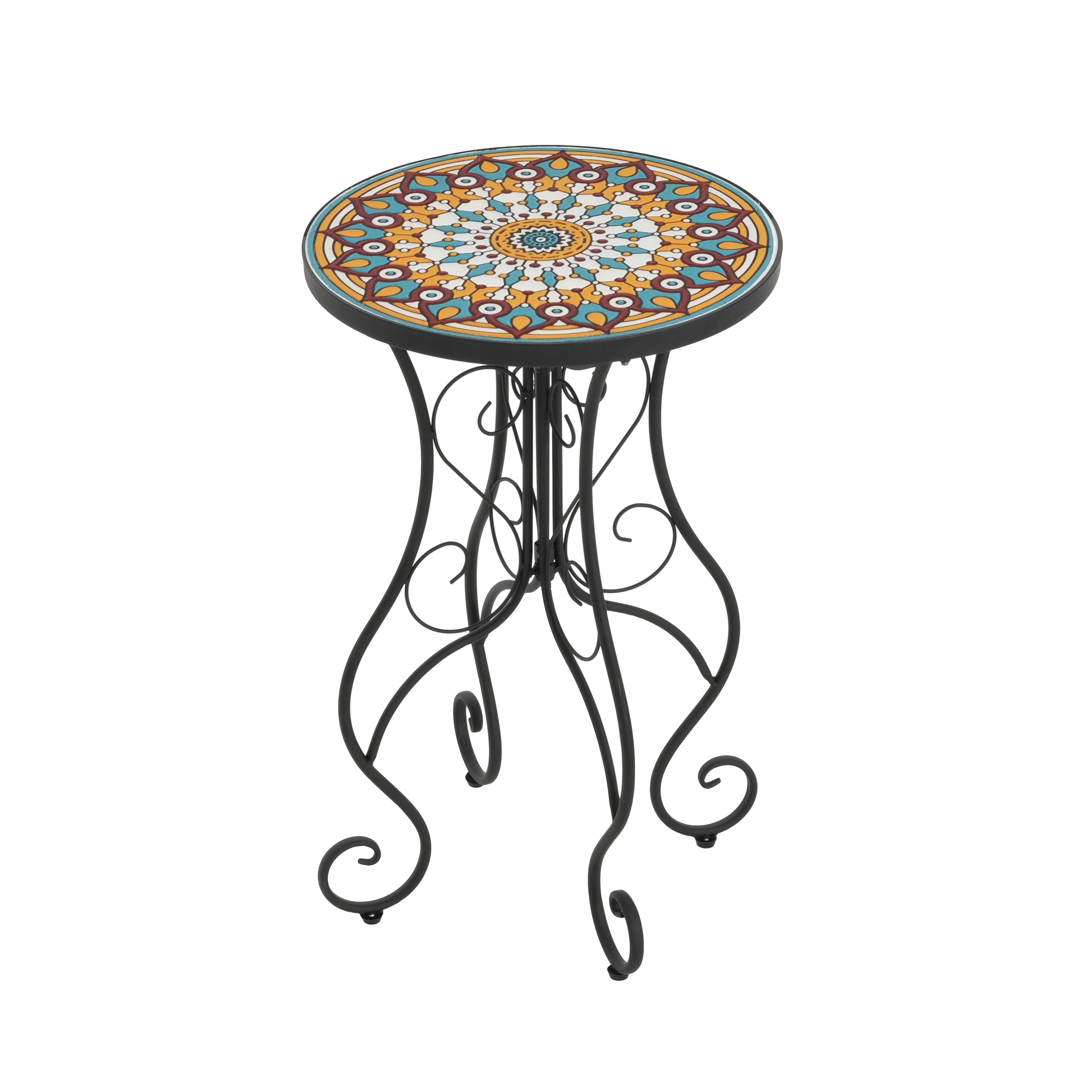 Vibrant French Country Round Ceramic Outdoor Side Table Black Ceramic Tile 14x14x22.44 inches