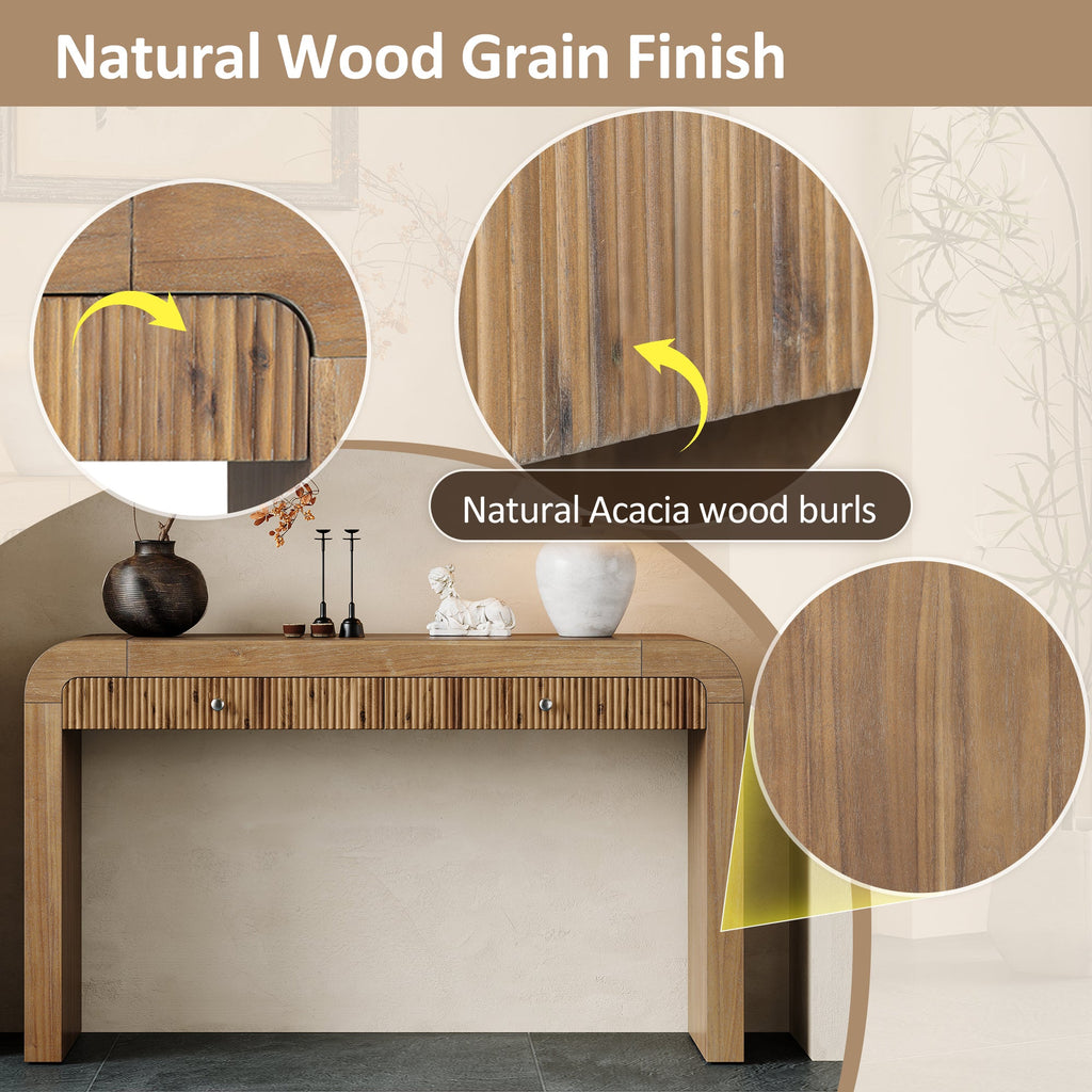 TREXM Rustic Console Table with Fluted Drawer Front, Entryway Table with Curved Corners & Thick Legs, Sturdy Sofa Table for Hallway & Living Room (Natural)