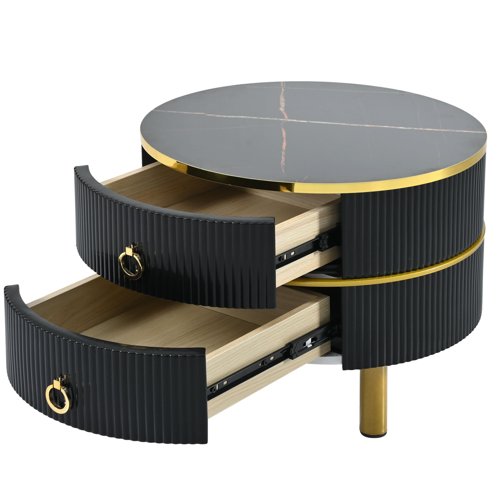 ON-TREND Φ27.5'' & Φ19.6'' Stackable Coffee Table with 2 Drawers, Nesting Tables with Brown Tempered Glass and High Gloss Marble Tabletop, Set of 2, Round Center Table for Living Room, Black