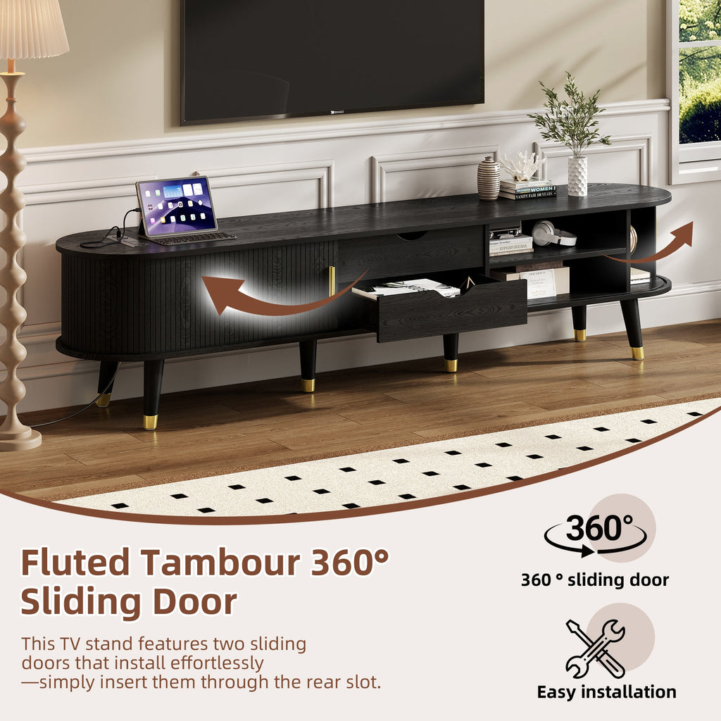 Wooden Oval Fluted TV Stand with Charging Station for TV up to 80', Mid-Century Media Console with Sliding Tambour Door, Farmhouse TV Cabinet with Golden Handle for Living Room, Black
