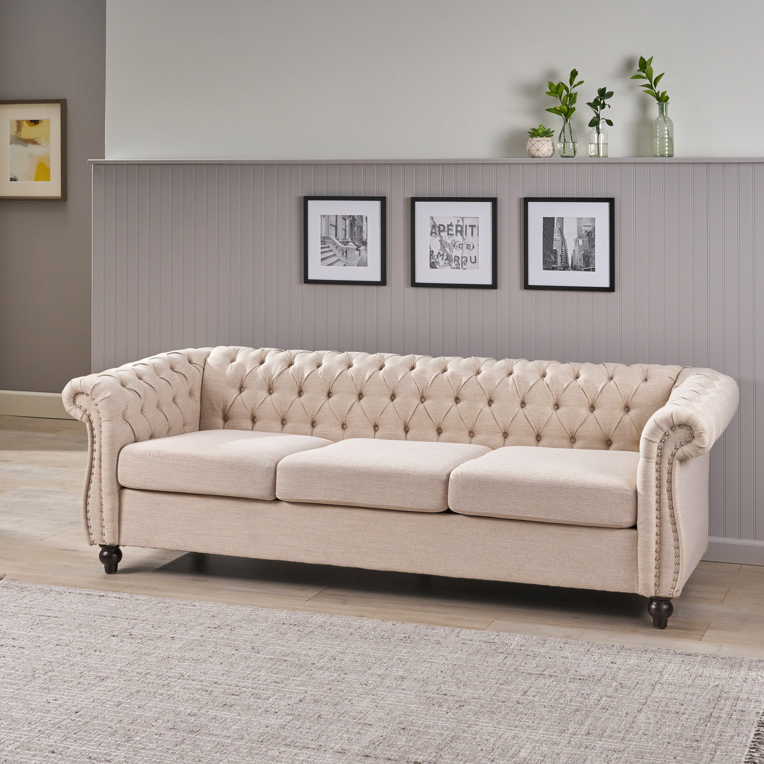 Chesterfield Style 3-Seater Sofa with Deep Button Tufting in Beige Fabric