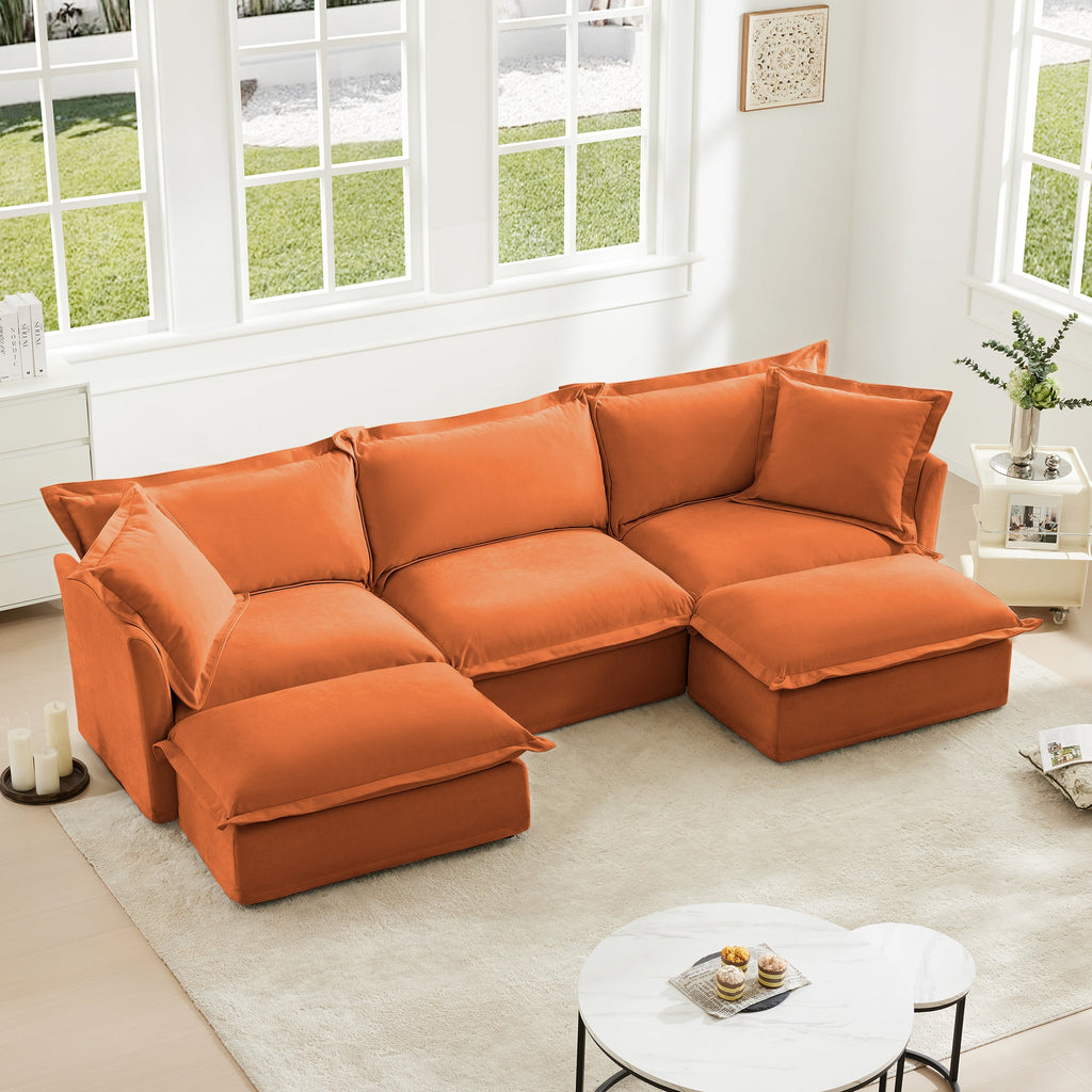 Slipcovered U Shape Sectional Deep Seat Sofa Couch, 3 Seater Sofa with French Edges Design Multiple Big Pillows, Modular Deep Seat Sectional Sofa Comfy Cloud Couch for Living Room, Apartment,Chenille