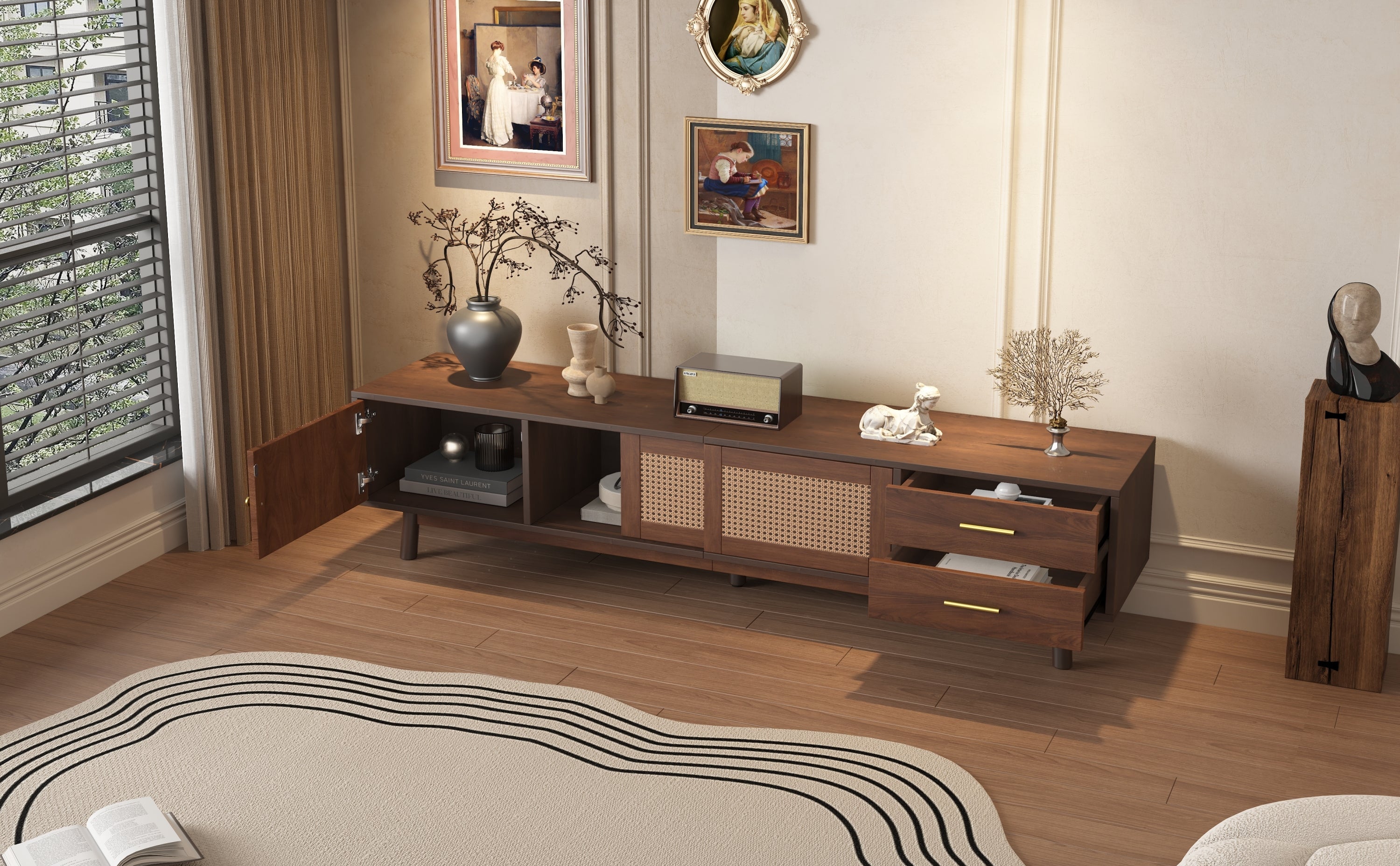 Mid Century Modern TV Stand for 80' TVs, Entertainment Center with Sliding Doors and Drawers, TV Table with Storage for Living Room, Bedroom