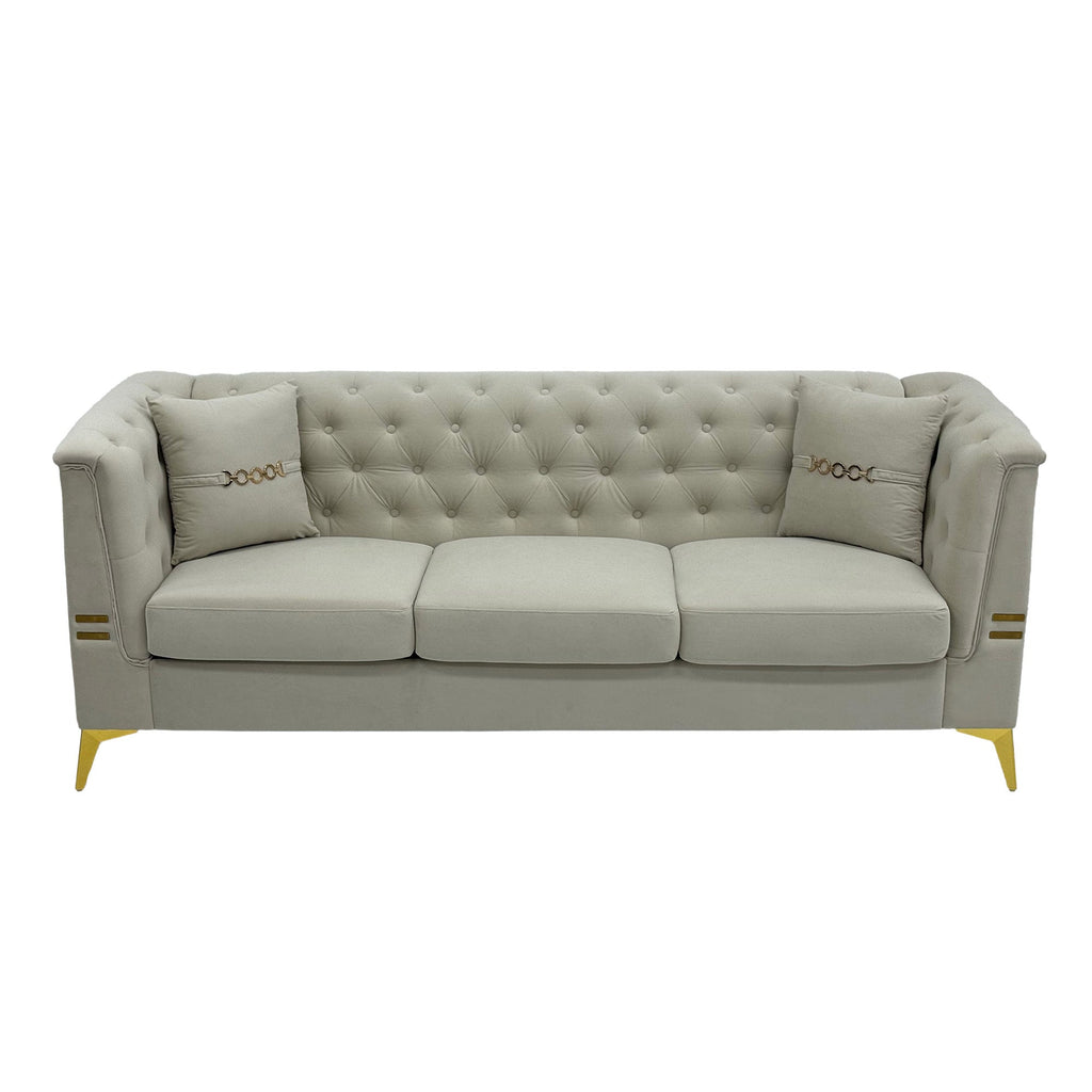 FX-P83-2PC SOFA -CW4  Modern Velvet Upholstered Sofa Set of 2, Cream White 3-Seater Sofas with Gold Metal Legs Contemporary Living Room Furniture for Family Homes, Apartments, and Lounge Spaces