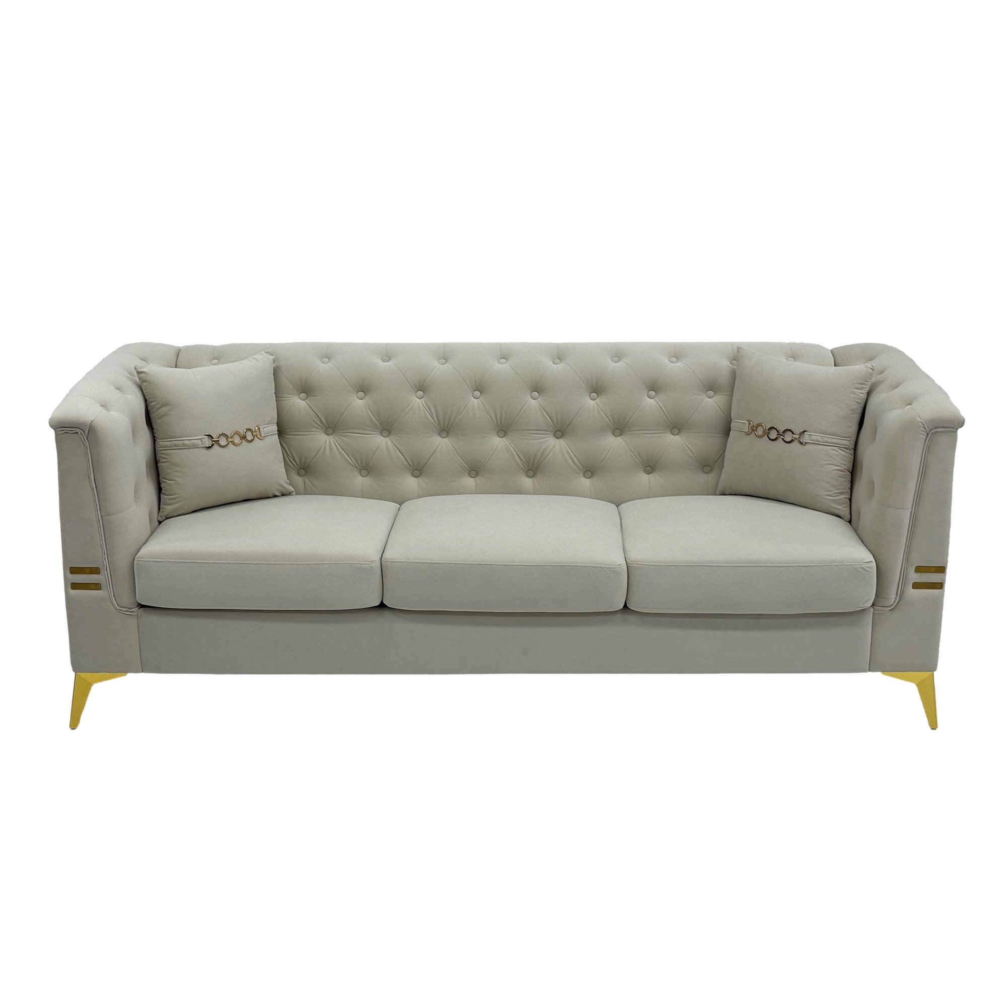 FX-P83-2PC SOFA -CW4  Modern Velvet Upholstered Sofa Set of 2, Cream White 3-Seater Sofas with Gold Metal Legs Contemporary Living Room Furniture for Family Homes, Apartments, and Lounge Spaces