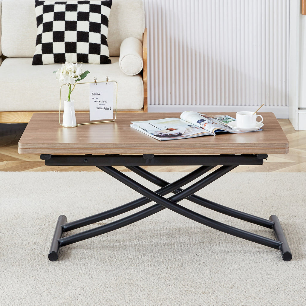 Modern minimalist multifunctional lifting table, with a 0.8-inch wood grain process sticker desktop and black metal legs, can be used as a dressing table, coffee table, dining table, and office table