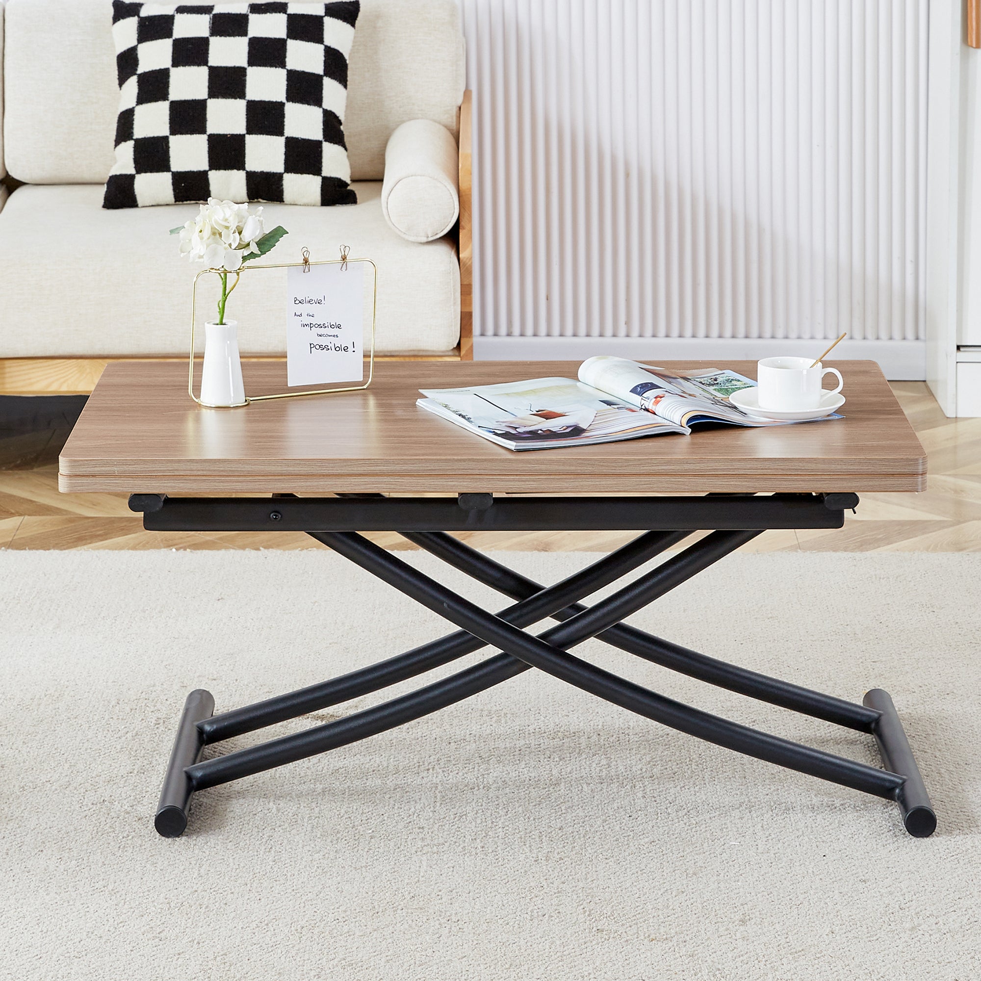 Modern minimalist multifunctional lifting table, with a 0.8-inch wood grain process sticker desktop and black metal legs, can be used as a dressing table, coffee table, dining table, and office table