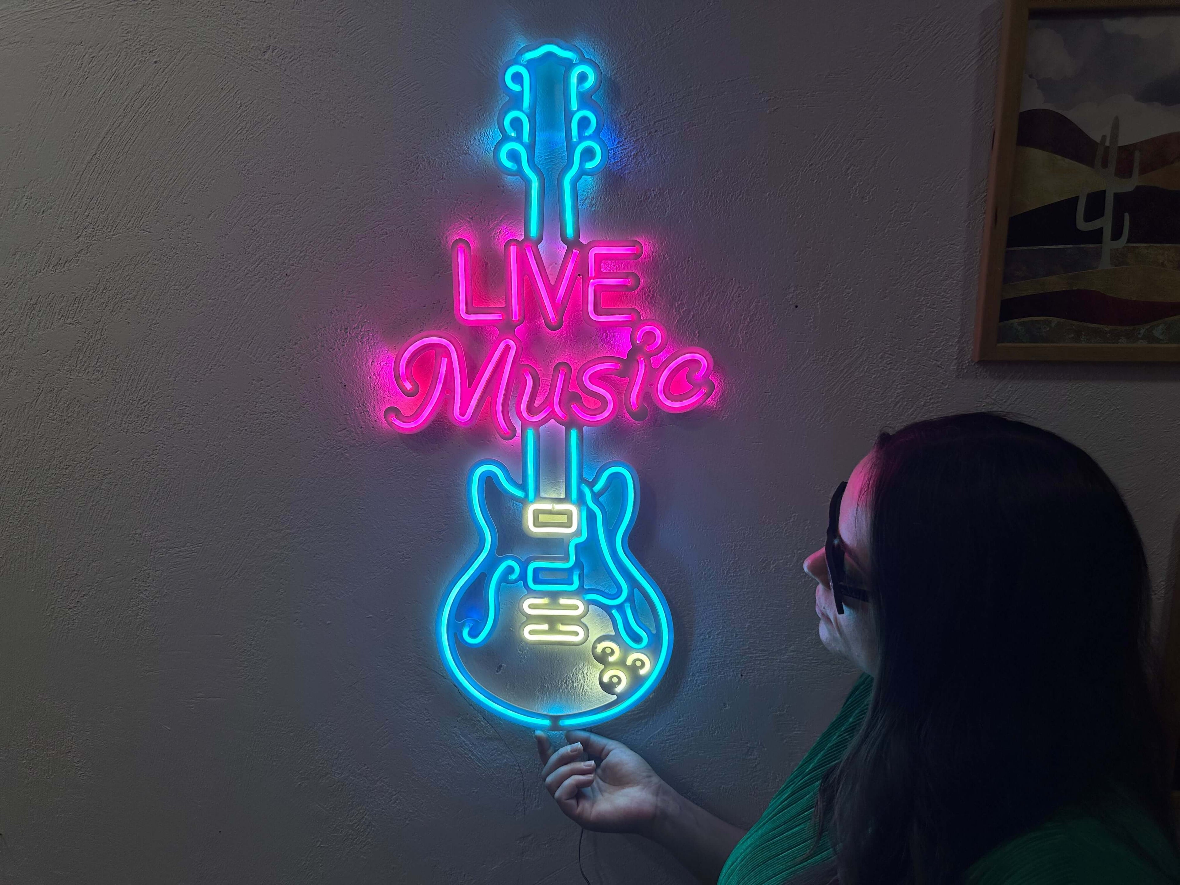 Live Music Guitar Neon Metal Sign