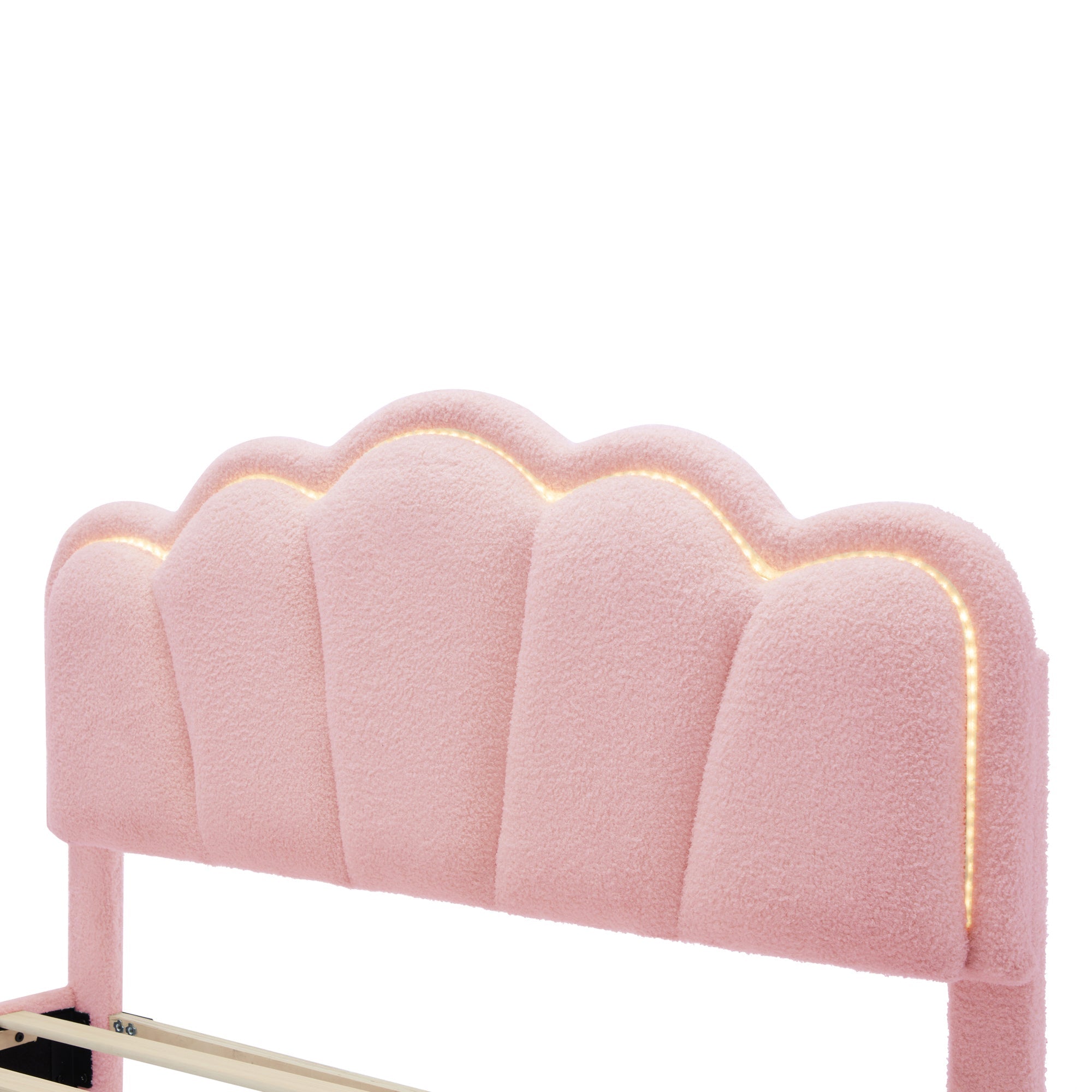 2-Pieces Bedroom Sets Full Size Flower-Shaped Upholstered LED Platform Bed with Storage Ottoman-Sherpa Fabric, Pink