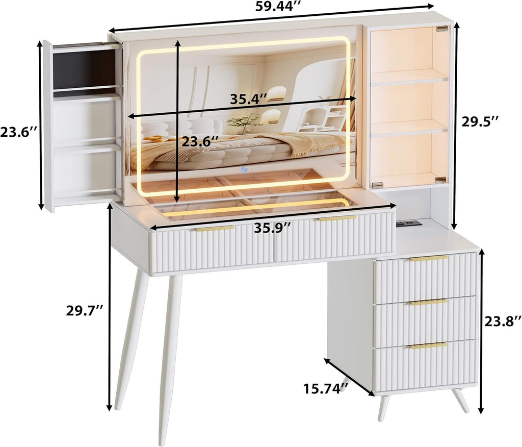 Vanity Desk with with Mirror and Lights, Makeup Vanity Table with Glass Top ,Dressing Table with Drawers, Bedroom Makeup Table for Women (White-Glass top)