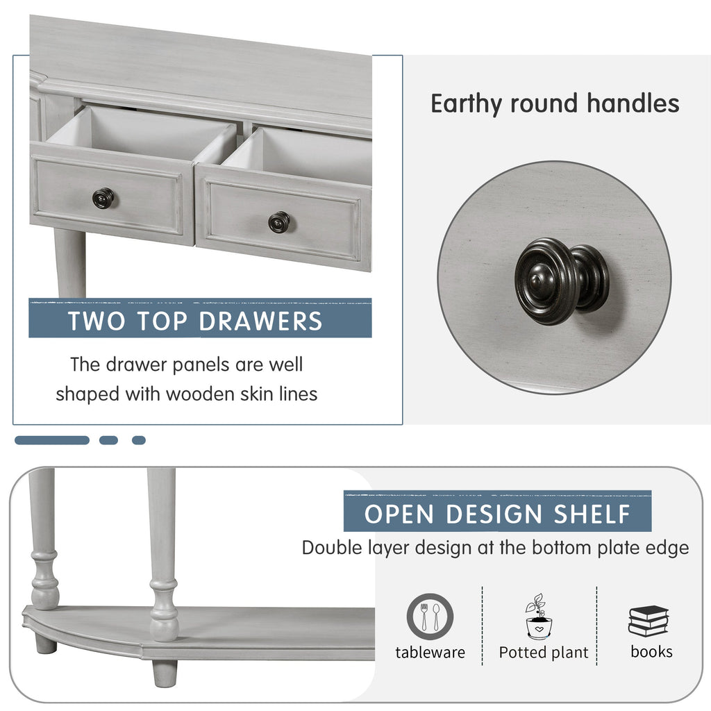 TREXM Retro Circular Curved Design Console Table with Open Style Shelf Solid Wooden Frame and Legs Two Top Drawers (Gray Wash, OLD SKU: WF298768AAE)