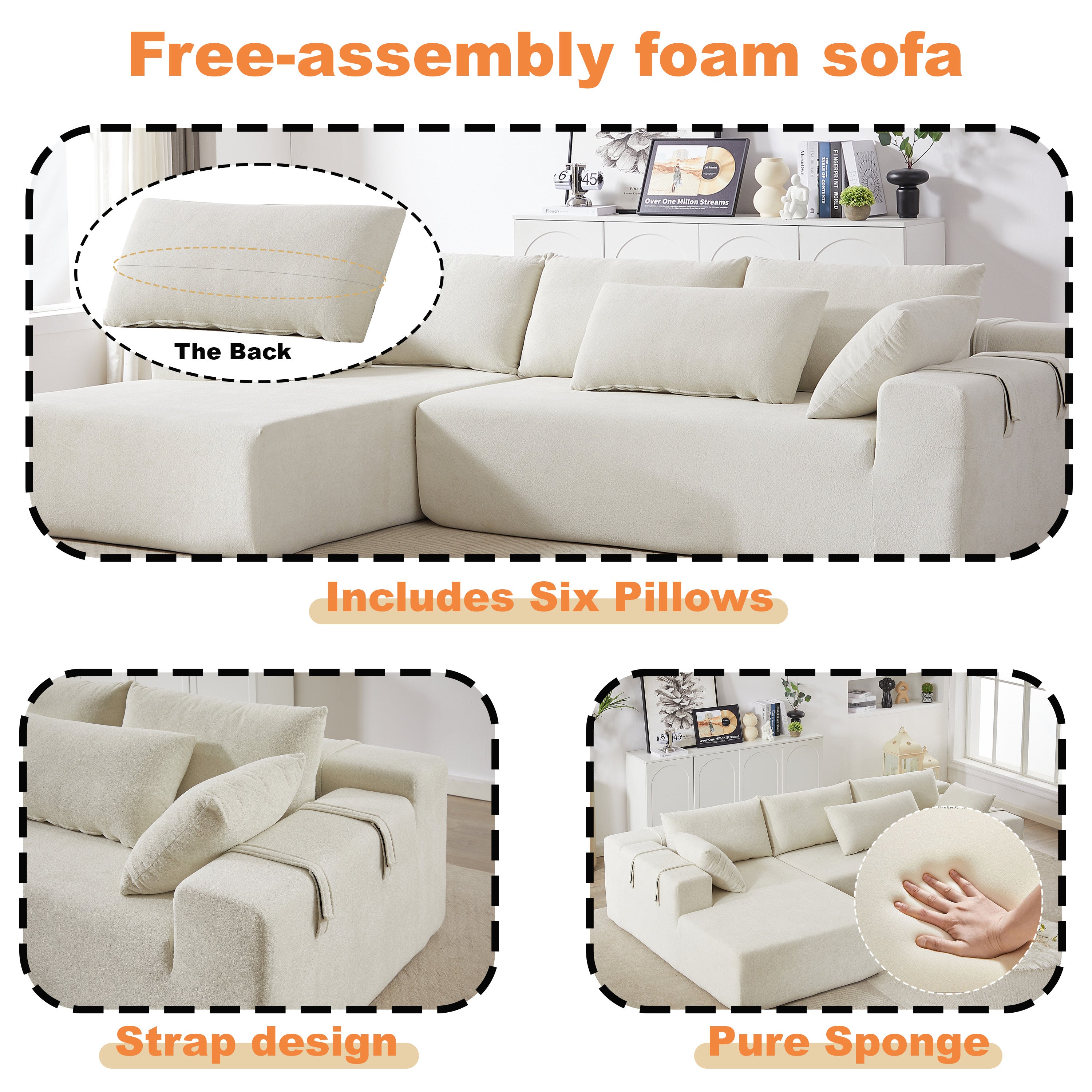 Modern Chenille Upholstered Sectional Sofa Couch Set,Modular 108' L Shaped Sectional Living Room Sofa Set With 6 Pillows,Free Combination Sofa Couch for Living Room,Bedroom(Left Chaise)