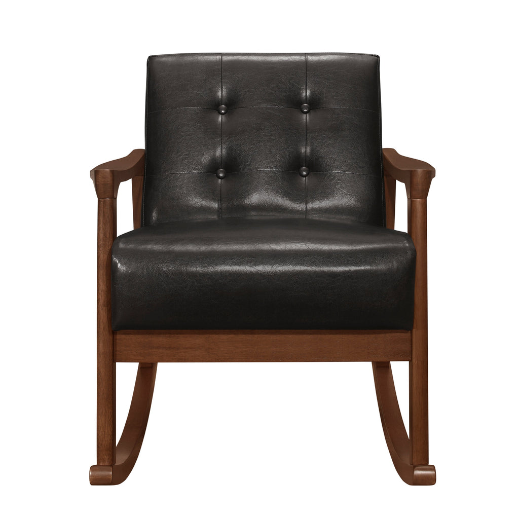 1pc Rocking Chair Dark Brown Faux Leather Upholstery Button Tufted Solid Wood Furniture