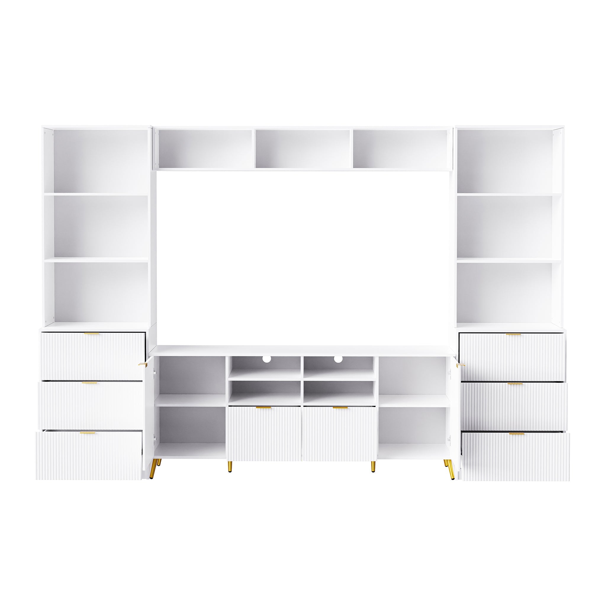 U-Can 4-Piece Entertainment Wall Unit with 13 shelves,8 Drawers and 2 Cabinets, Multifunctional TV Stand Media Storage Cabinet with Fluted Line Surface for Living Room, for TVs Up to 70'