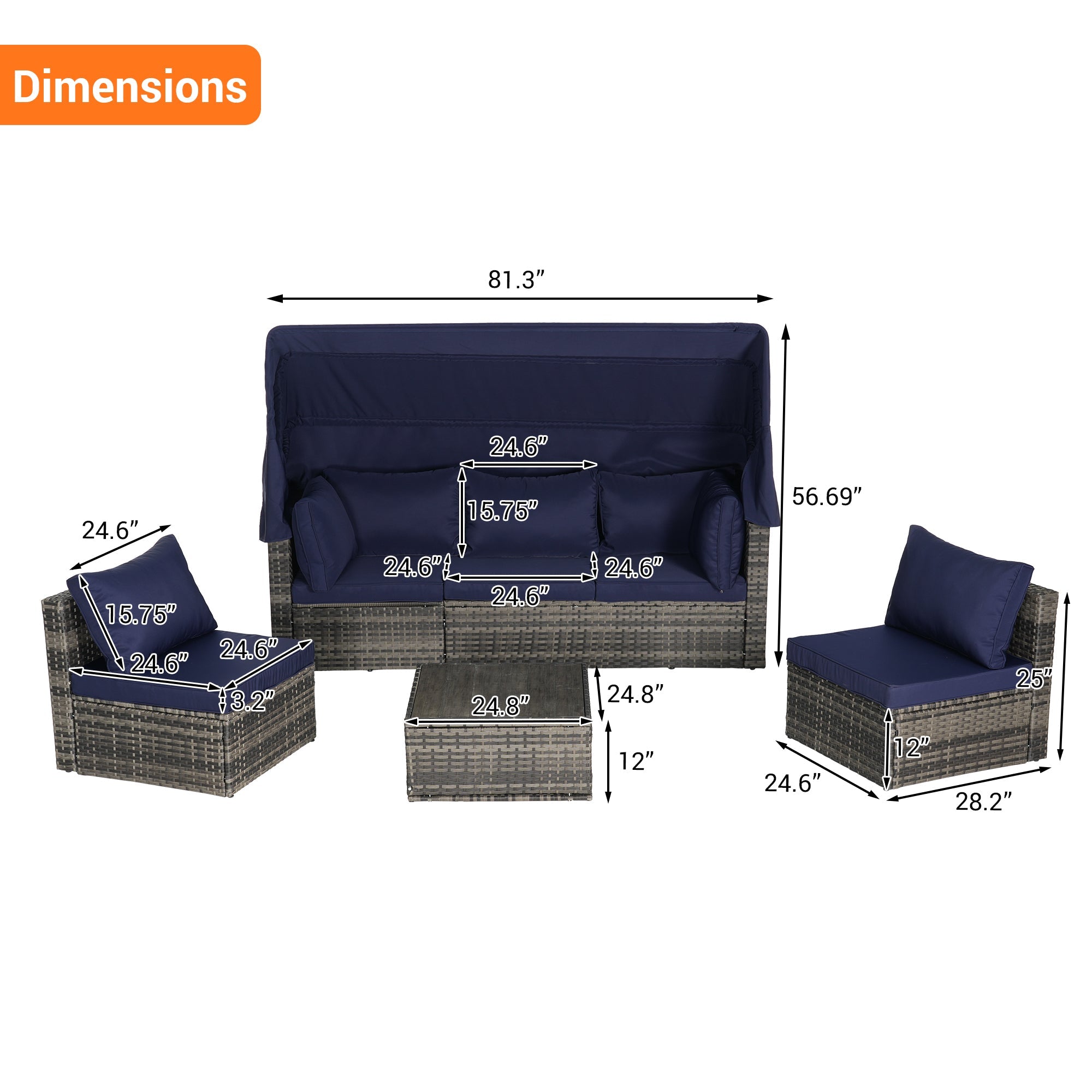 5 Pieces Outdoor Patio Wicker Daybed Furniture Set with Retractable Canopy, Storable Side Table, and Soft Cushions for Relaxing in Your Backyard or Porch